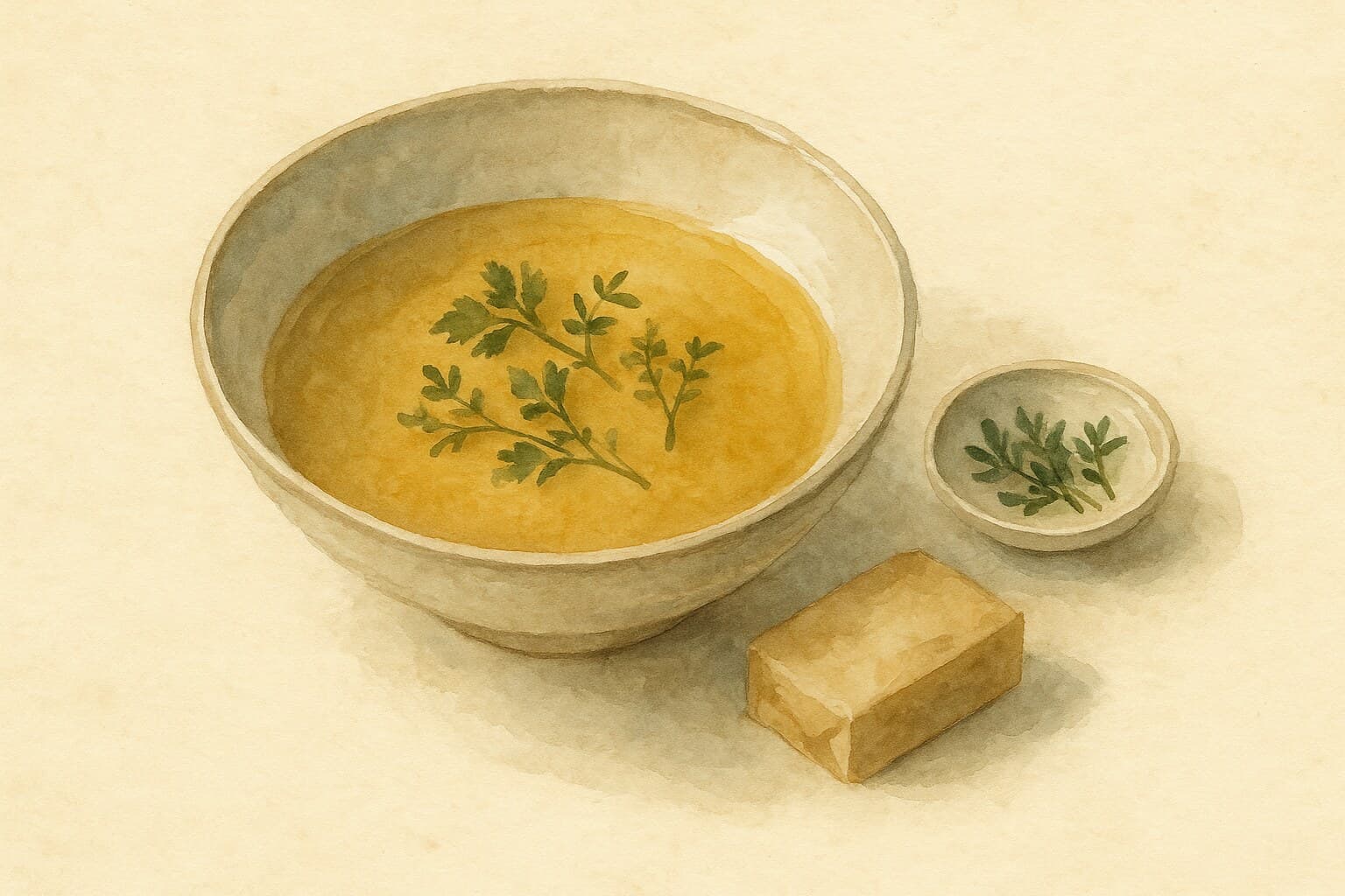 A beautifully illustrated bowl of fish fumet surrounded by fresh herbs and spices.