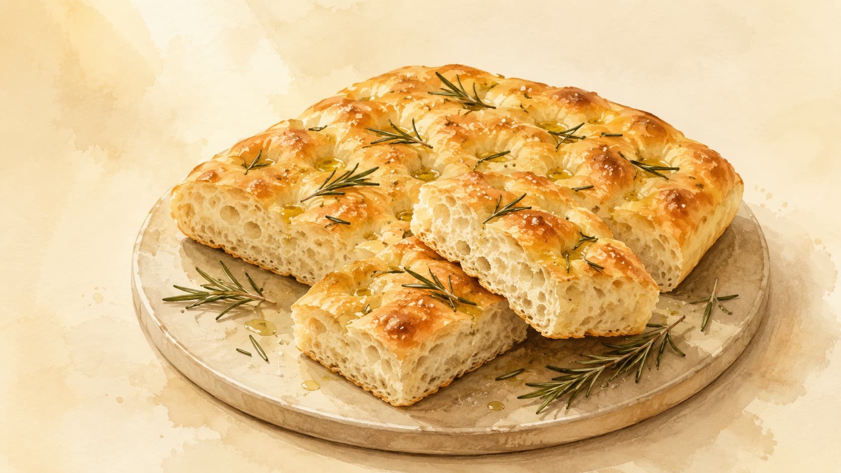 Golden-brown focaccia topped with rosemary and sea salt.