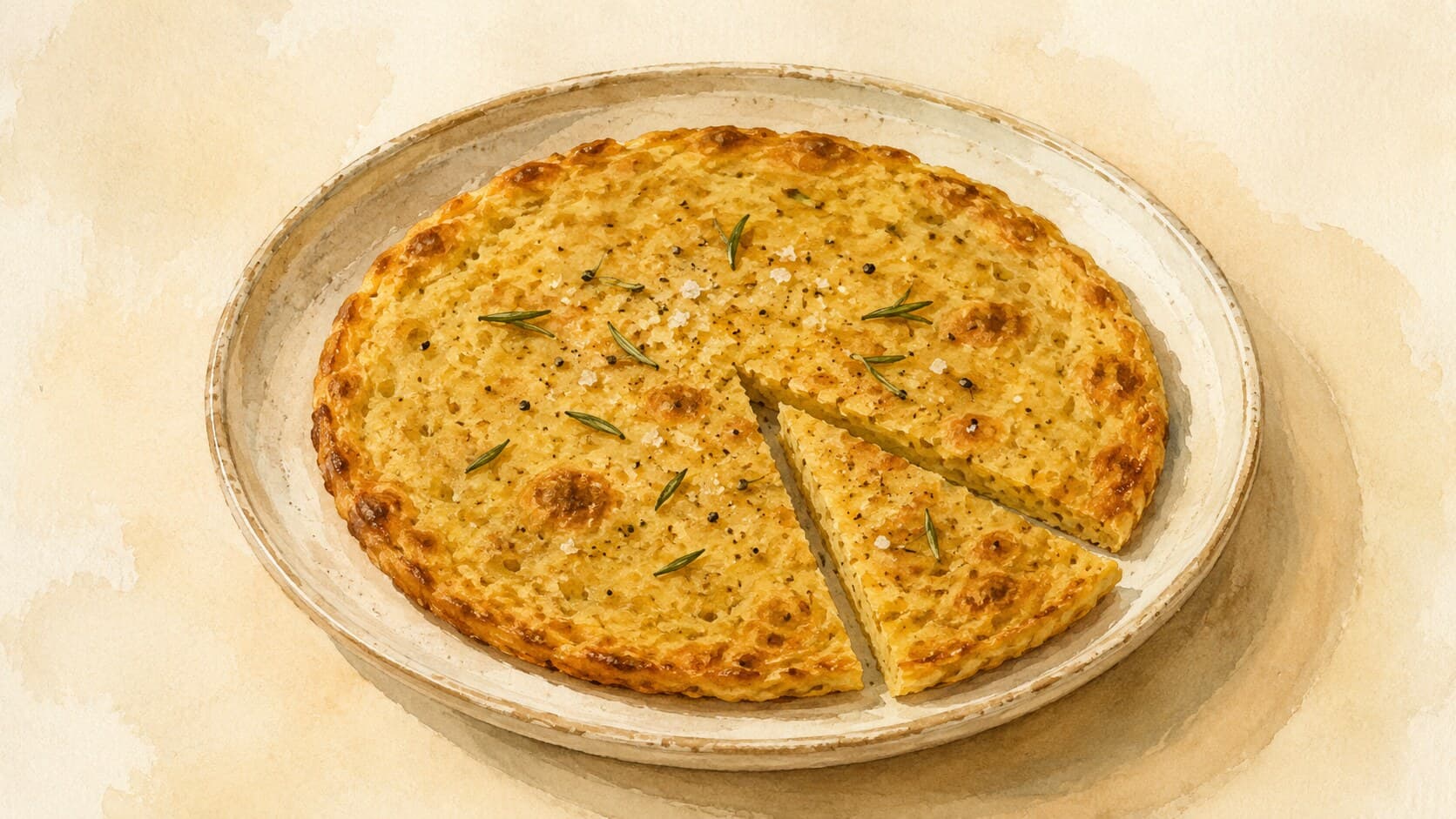 Round flat olive-oil bread topped with rosemary sprigs and flaky salt, showcasing a dimpled surface.
