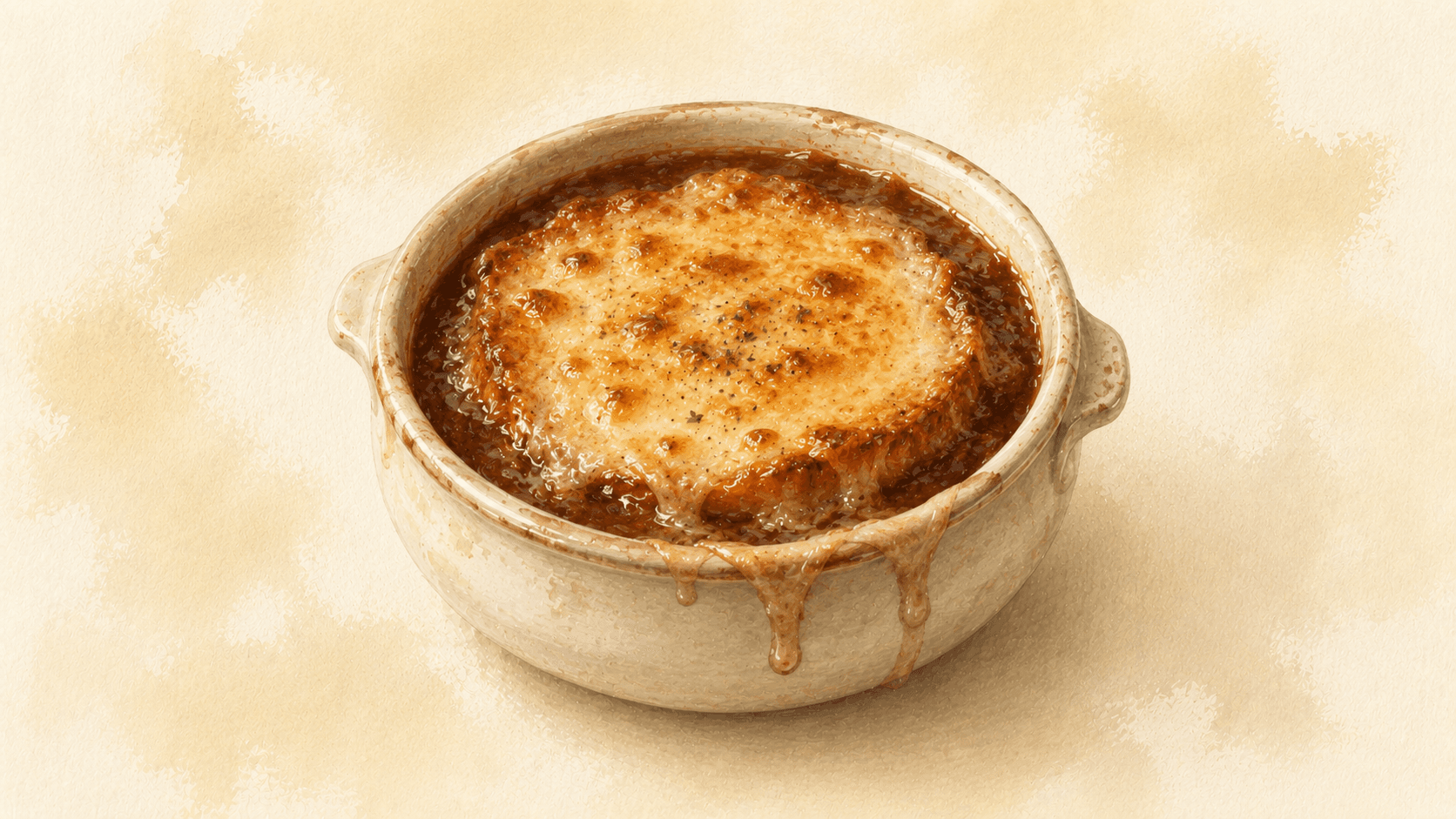 A wide ceramic crock of French onion soup, with a thick Gruyère crouton crust browned under the broiler, a rich amber broth visible at the edges