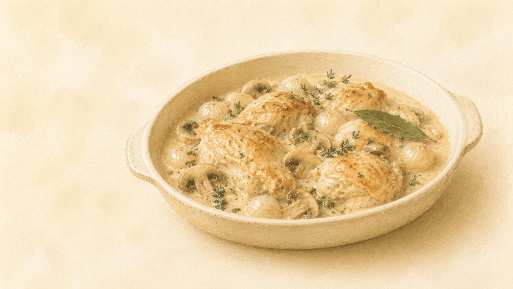 Chicken pieces in a cream sauce with mushrooms and pearl onions in a wide shallow dish, sprinkled with fresh thyme