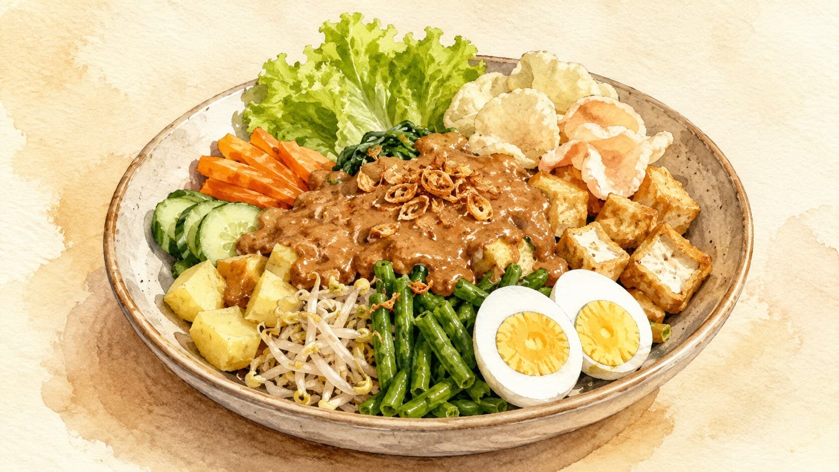 A wide plate filled with blanched long beans, cabbage, sprouts, potato, hard-boiled egg halves, fried tempeh, and a pool of peanut sauce.