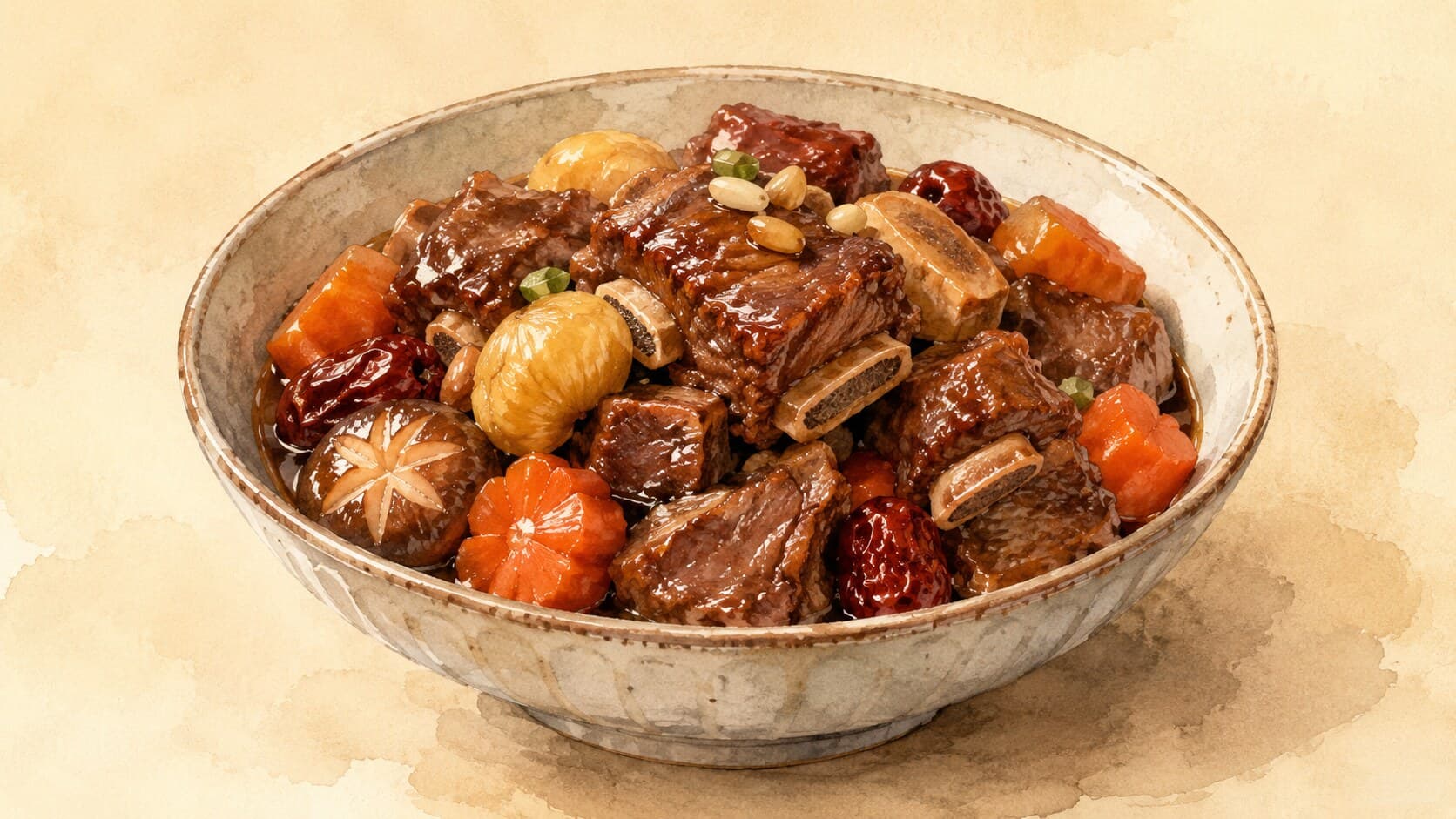 Dark-brown braised short ribs in glossy soy sauce with carrot rounds and daikon chunks, topped with scallions and pine nuts.