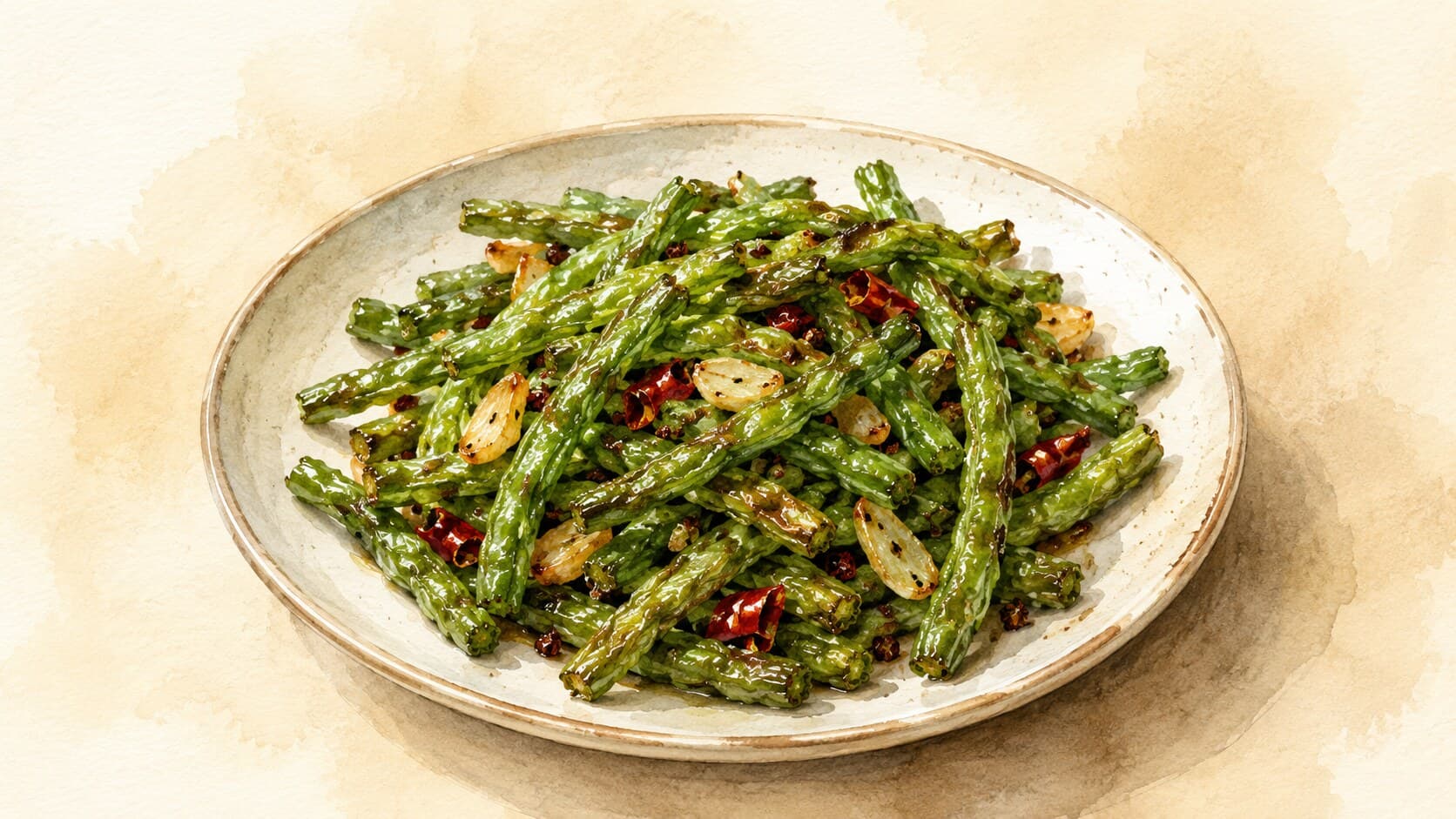 Blistered green beans stir-fried with minced pork and colorful spices.