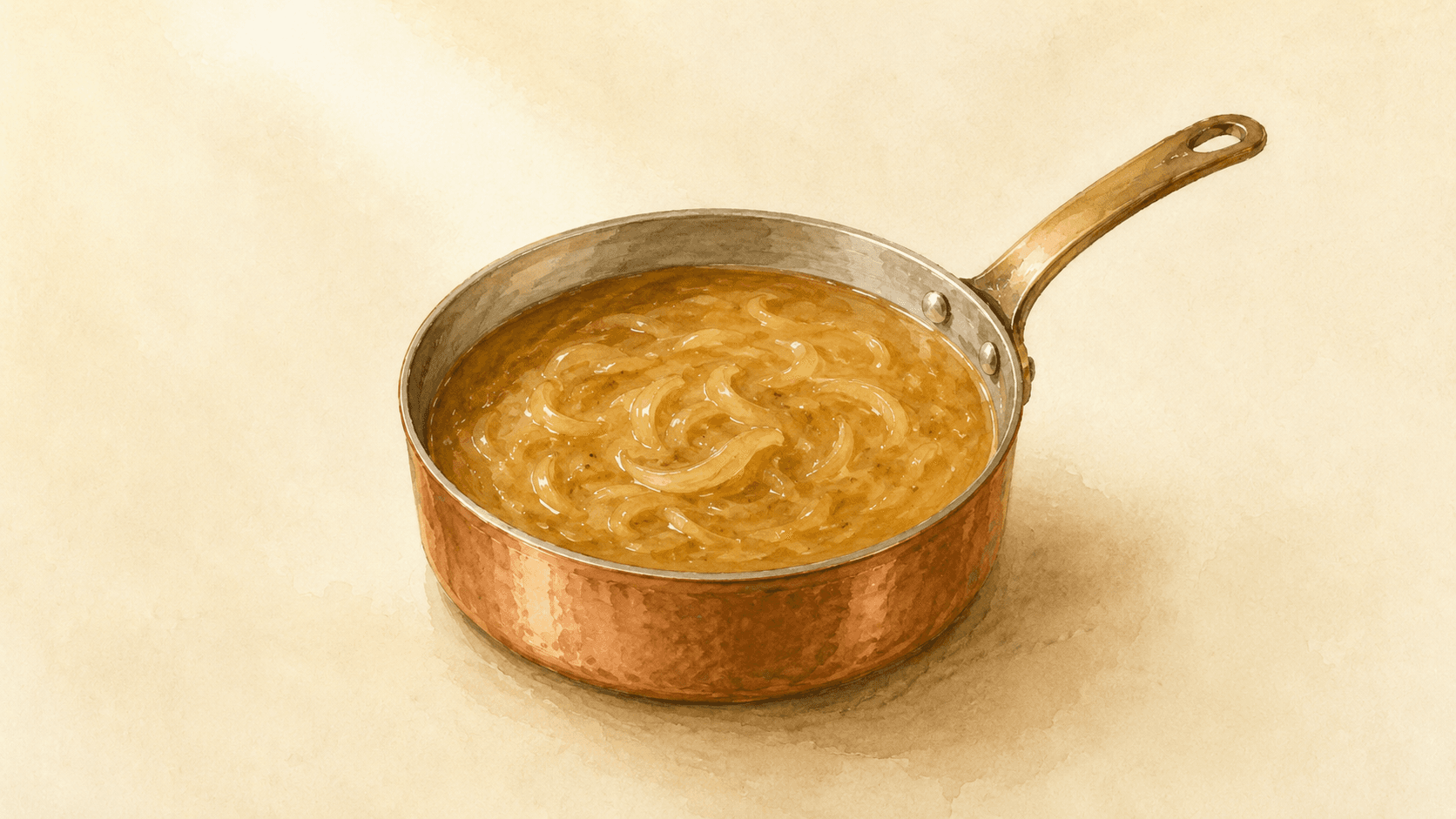 A small saucepan with deep amber gastrique, a spoon lifting a thread of the glossy caramel-vinegar reduction