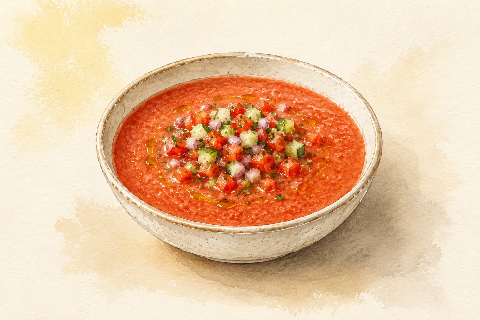 Chilled gazpacho garnished with fresh herbs and croutons.