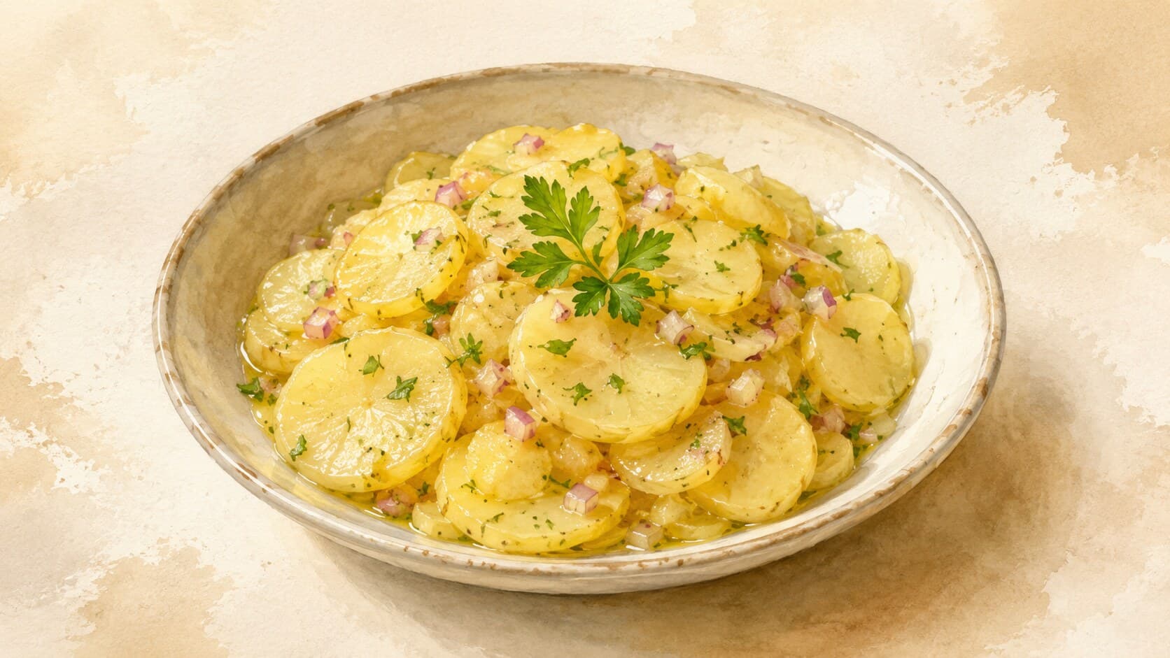 A warm German potato salad with red onion bits and parsley, garnished with crispy bacon.