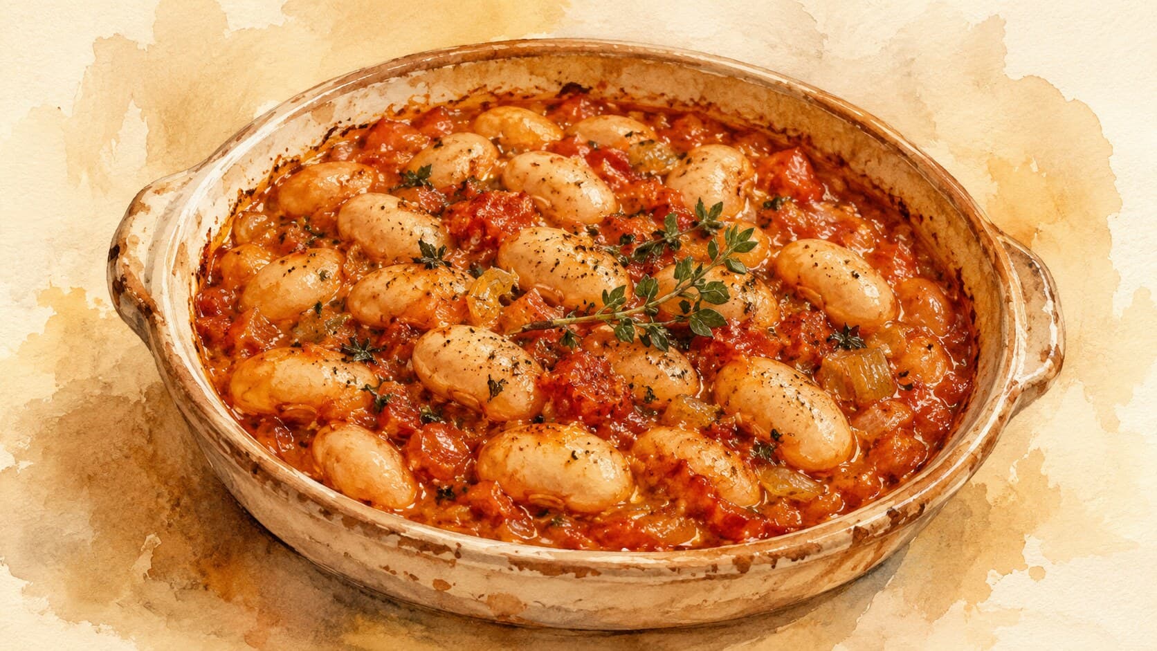 An earthenware baking dish filled with giant white beans swimming in a deep red tomato sauce, topped with a golden crust and a sprinkle of parsley.
