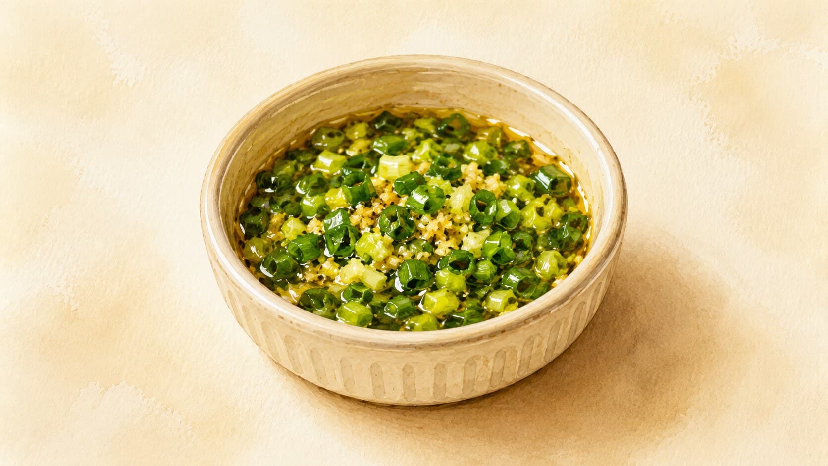A vibrant bowl of ginger scallion sauce with fresh scallions and ginger pieces.