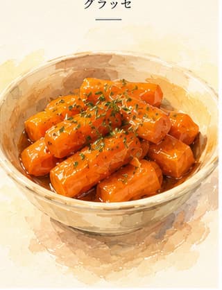 A shallow sauté pan with glistening orange carrot rounds coated in a transparent amber glaze, a sprig of fresh thyme resting alongside
