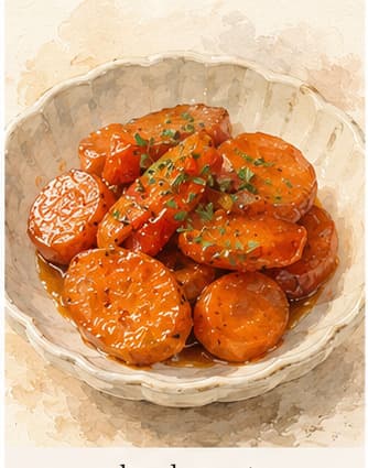 A shallow sauté pan with glistening orange carrot rounds coated in a transparent amber glaze, a sprig of fresh thyme resting alongside