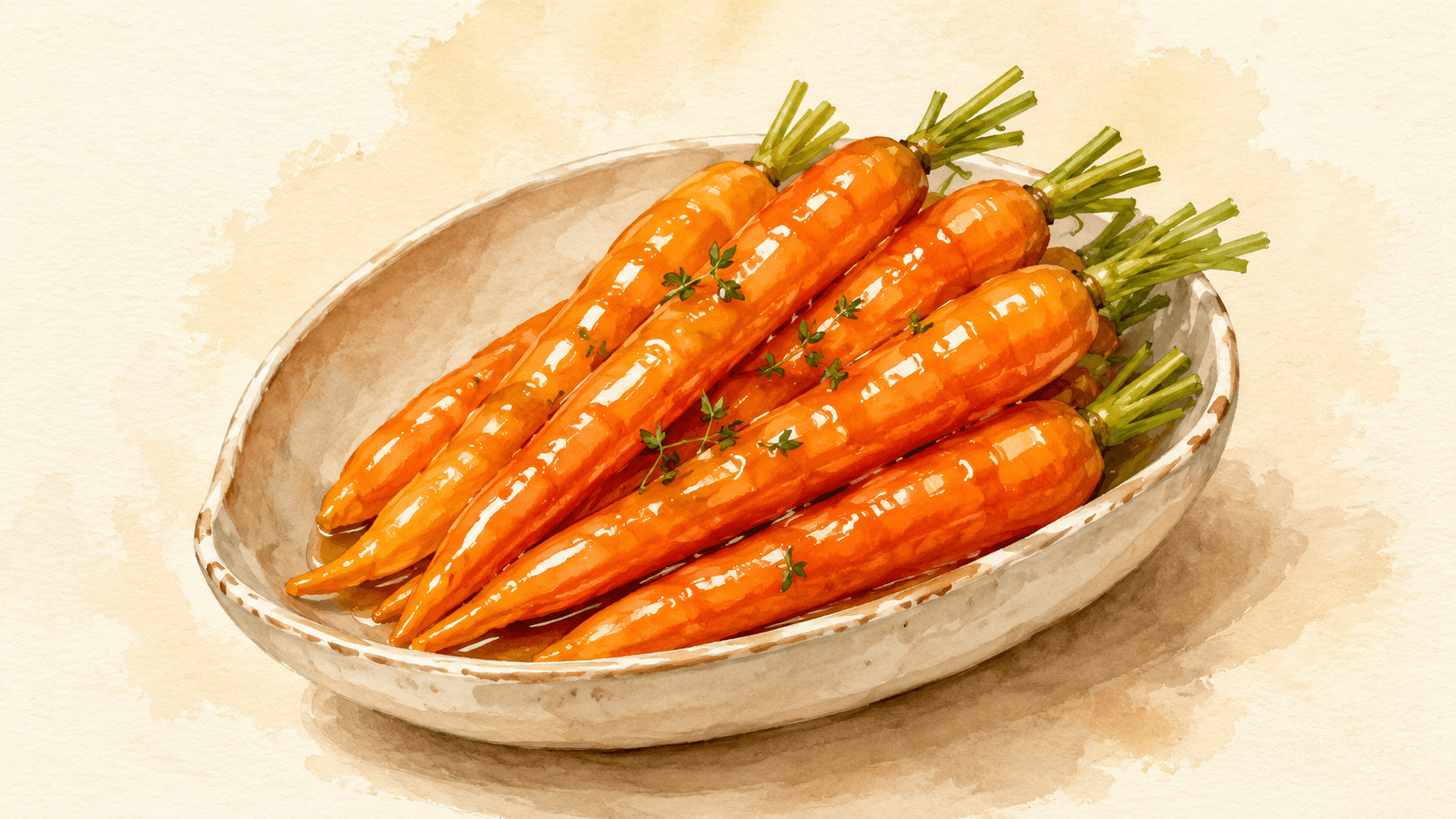 A shallow sauté pan with glistening orange carrot rounds coated in a transparent amber glaze, a sprig of fresh thyme resting alongside