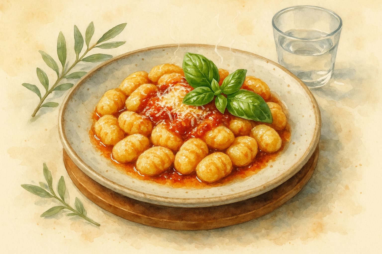 Delicate potato gnocchi arranged with a light sauce and herbs.