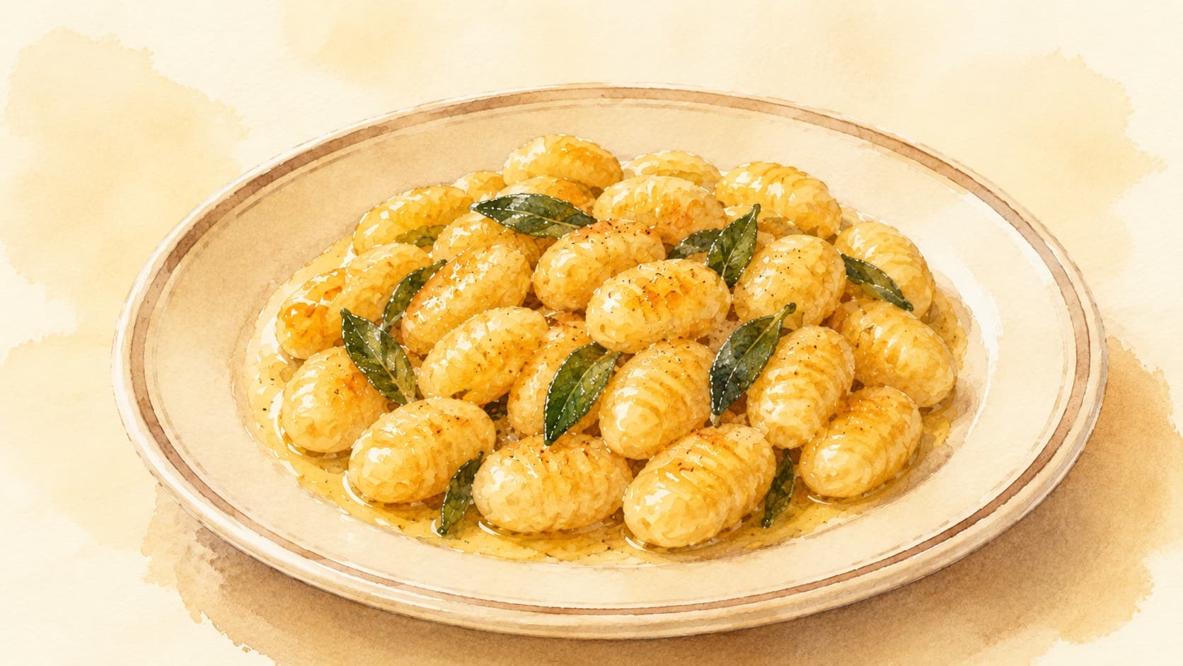 A beautifully plated dish of gnocchi with sage butter, garnished with fresh sage leaves.