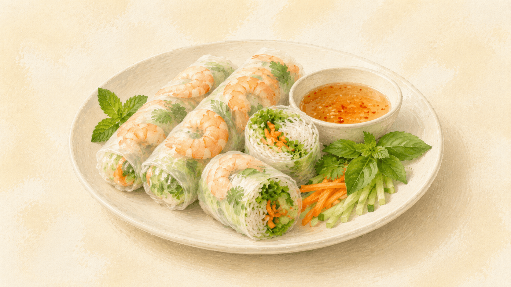 Three fresh spring rolls on a white plate showing through translucent rice paper — pink shrimp, green herbs, white noodles clearly visible — with a small bowl of amber dipping sauce