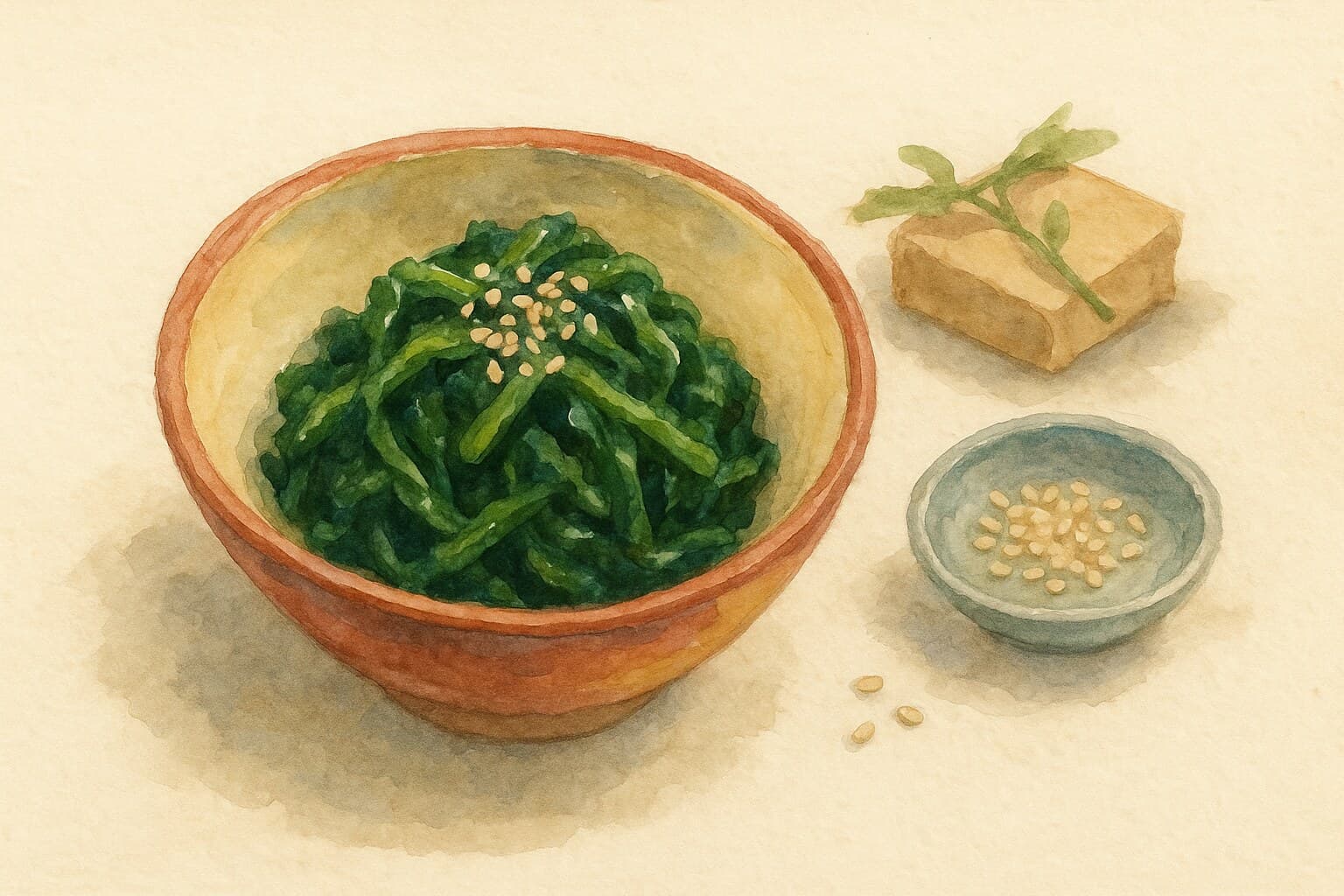 A dish of spinach coated in pale yellow sesame paste, garnished with toasted sesame seeds, elegantly presented as a quenelle.