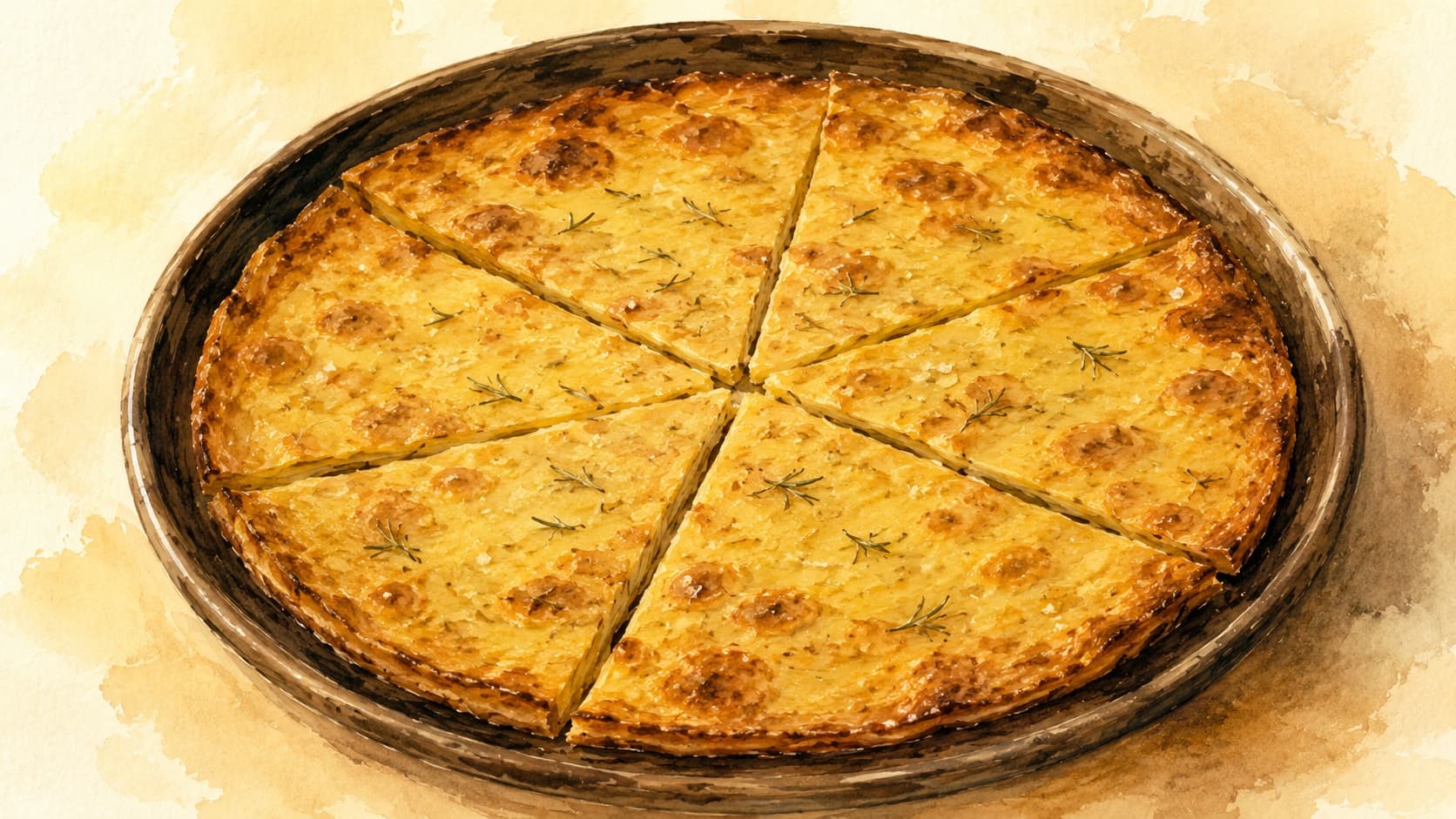 A golden-topped gratin dauphinois in a white oval baking dish, with a set cream layer visible at the edge and caramelized potato surface