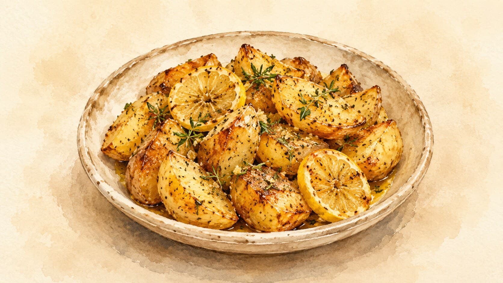 Browned potato wedges garnished with herbs and drizzled with pale lemon juices.