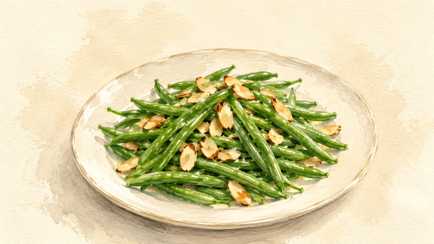 Bright green beans tossed with golden-brown slivered almonds in a dark skillet, with a glossy brown butter sheen
