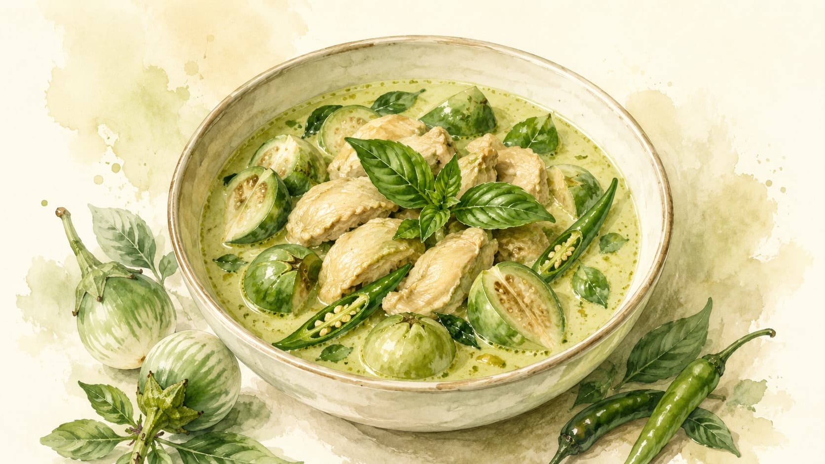 A vibrant green curry with chunks of tender chicken and fresh basil.