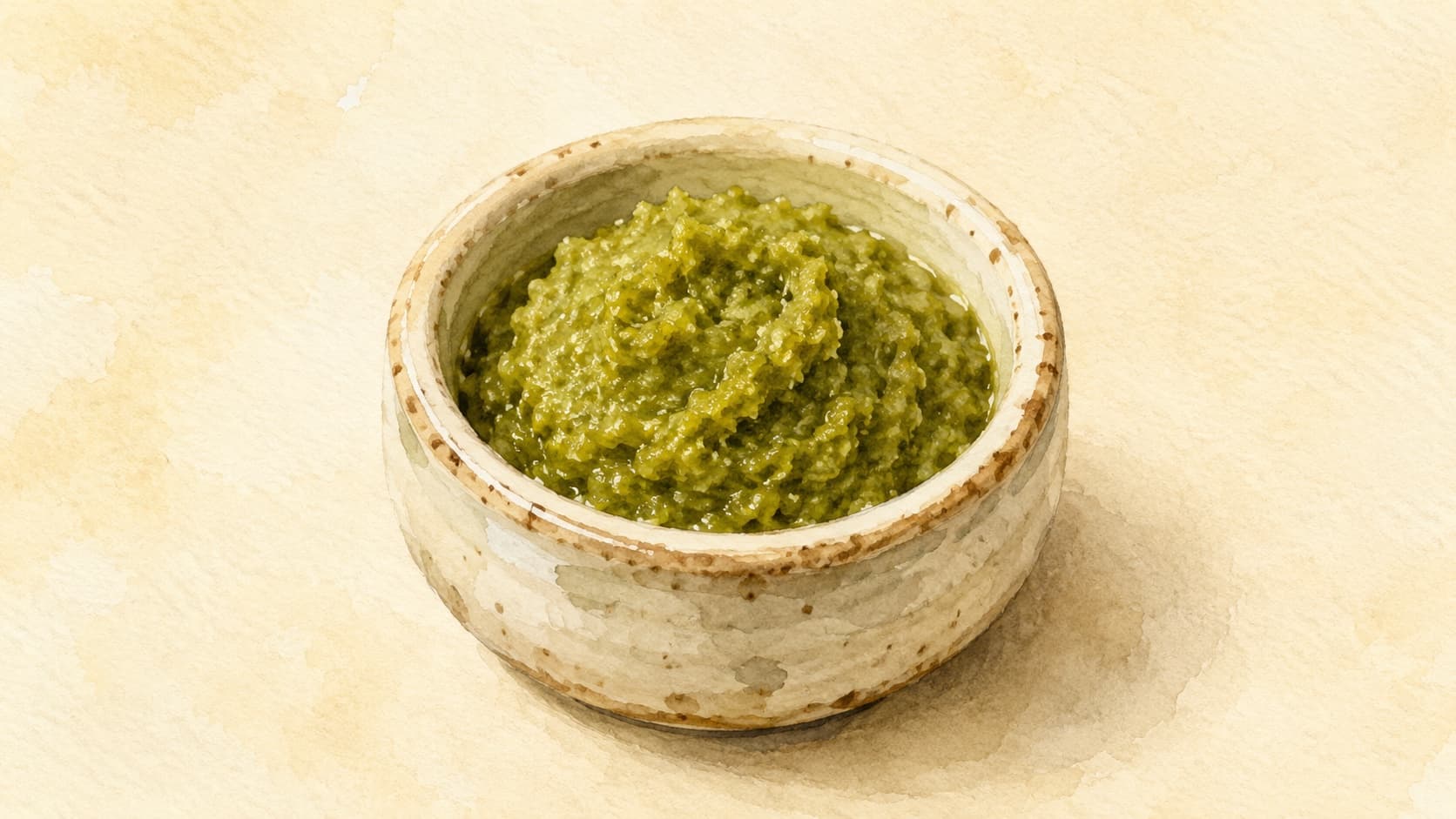 A fresh green herb sauce in a small bowl surrounded by herbs and a rustic wooden background.