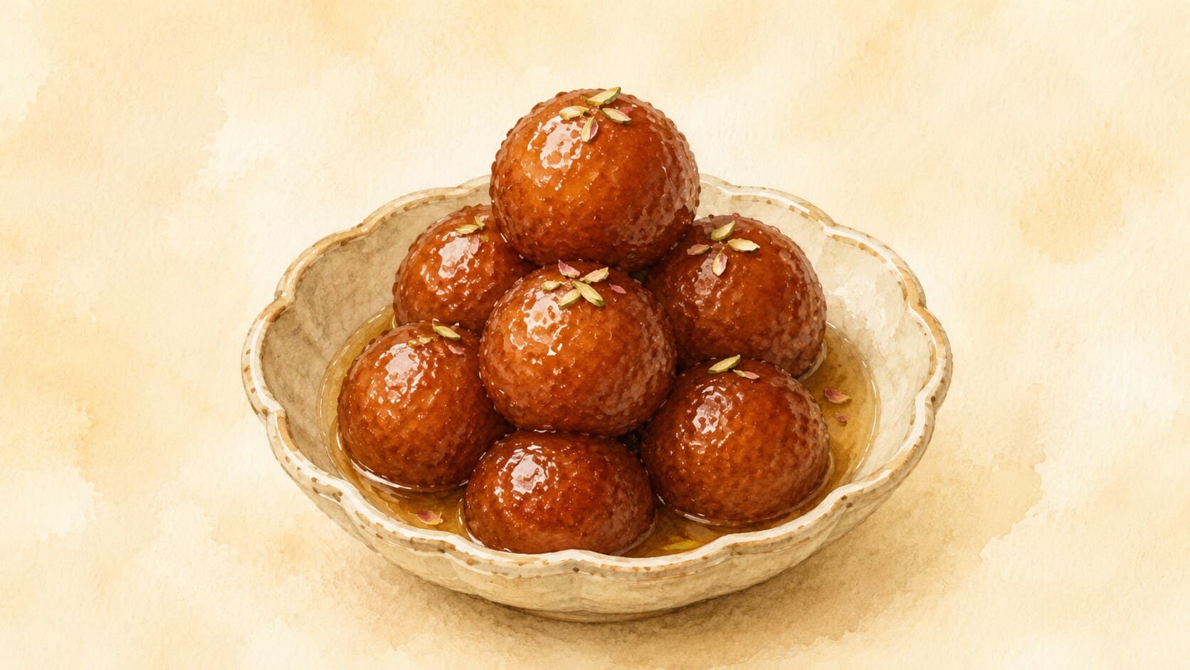 Brown spherical dumplings in golden syrup, garnished with pistachios.