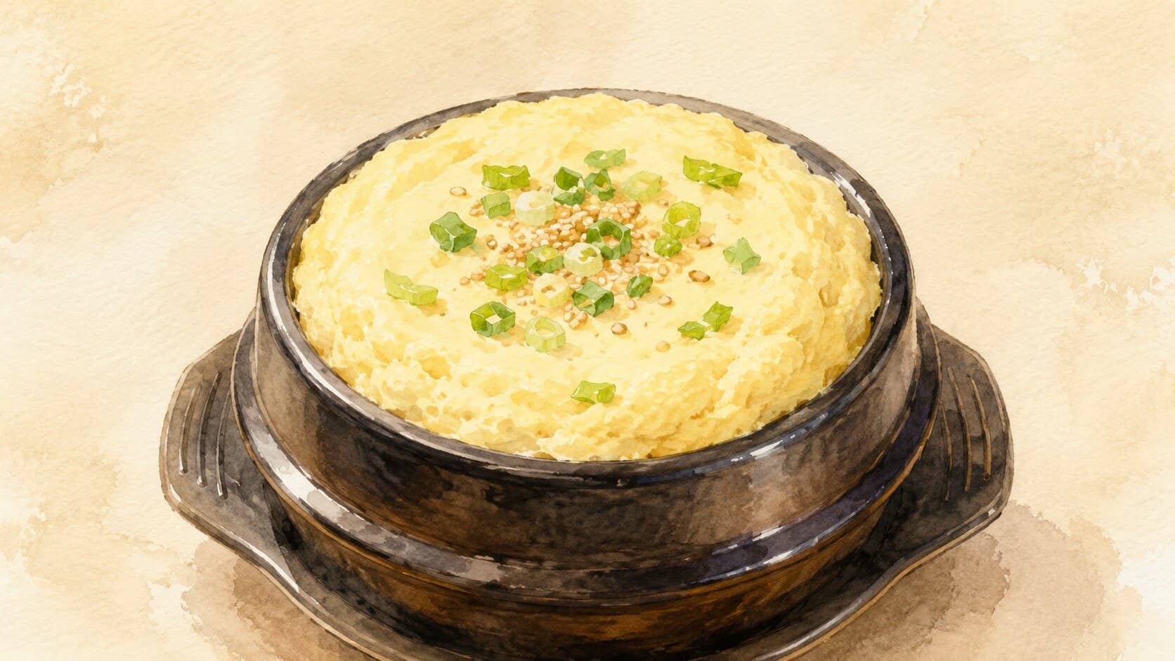 Pale yellow gyeran-jjim in an earthenware bowl, topped with scallions and sesame seeds.