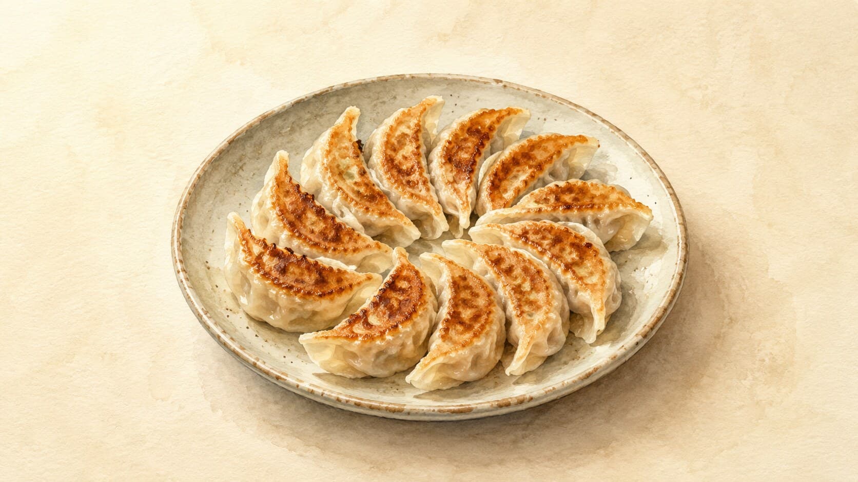 A beautifully arranged plate of golden-brown gyoza with crisp bottoms.