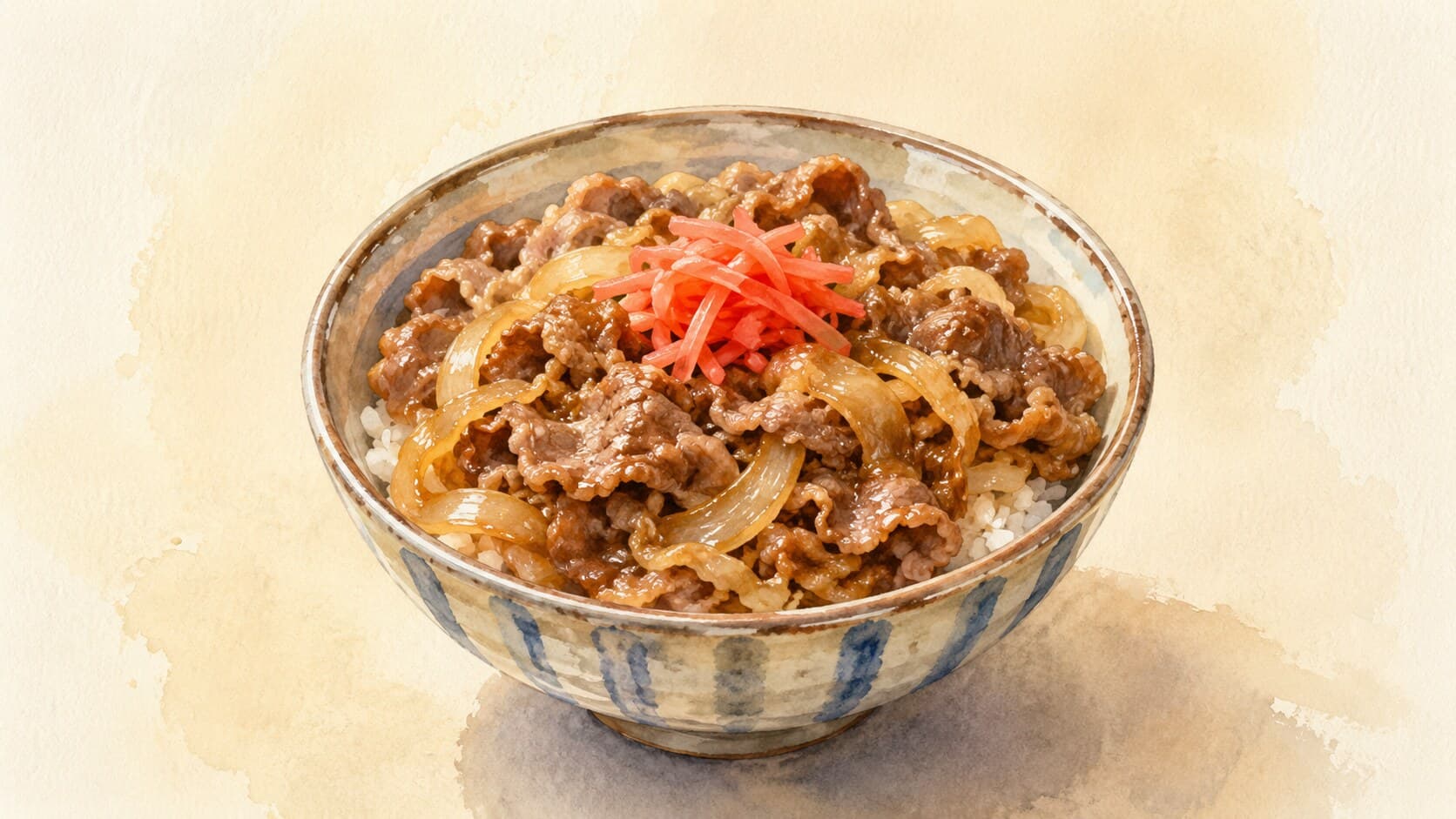 A beautifully illustrated bowl of gyudon topped with sliced beef and onions.