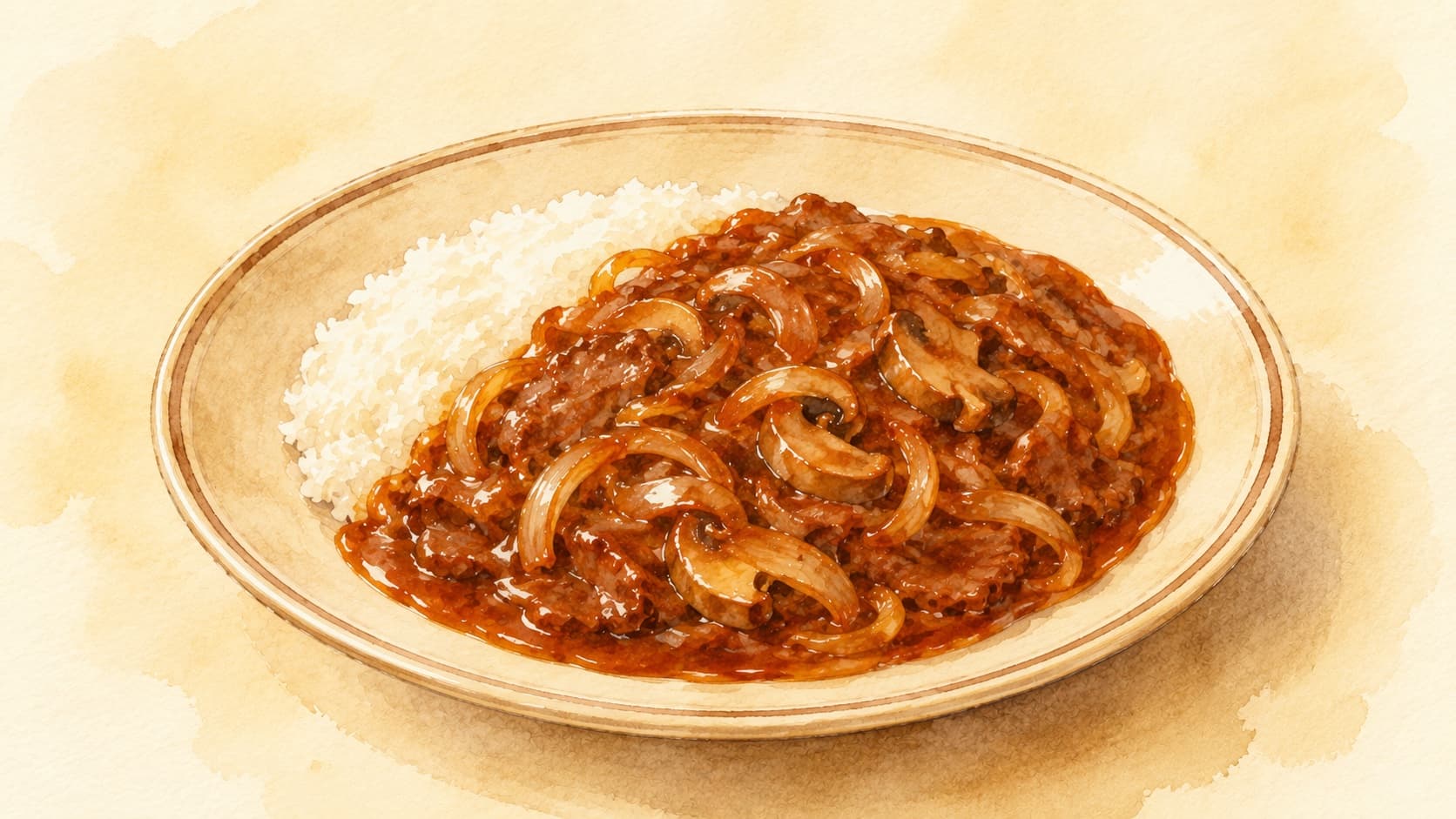 A beautifully plated bowl of Hayashi Rice showcasing tender beef and rich brown sauce over rice.