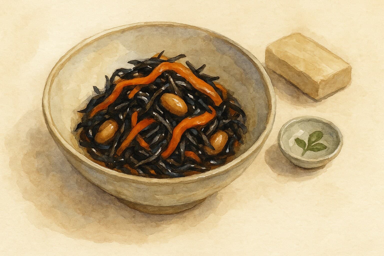 Dark hijiki strands tangled with carrot ribbons and aburaage cubes in a small Japanese bowl, glossy from light dashi reduction.