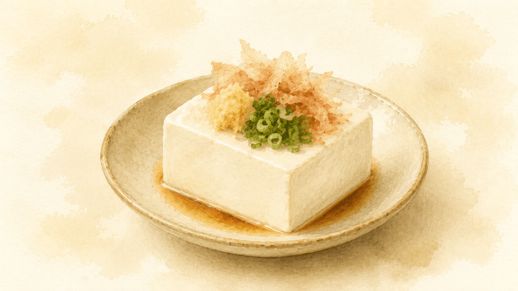 A block of silken tofu on a flat plate, topped with katsuobushi, finely grated ginger, and sliced spring onion, with a small pool of soy sauce