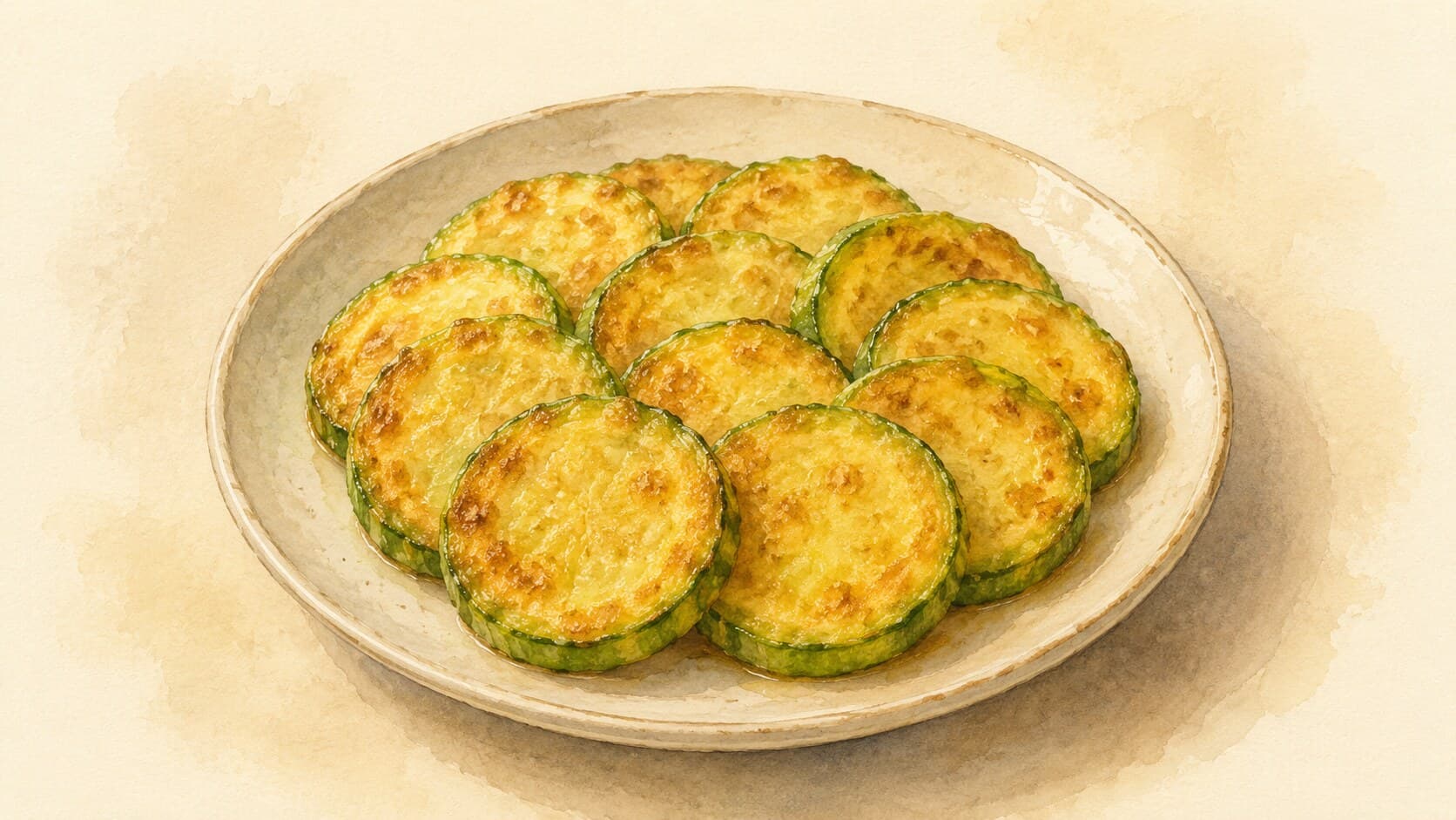 Round zucchini slices with golden egg-coated edges arranged in a fan on a small plate, accompanied by a dipping sauce with sesame seeds.