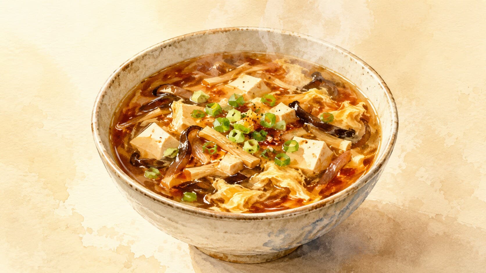 A bowl of Hot and Sour Soup with vibrant colors and garnishes.