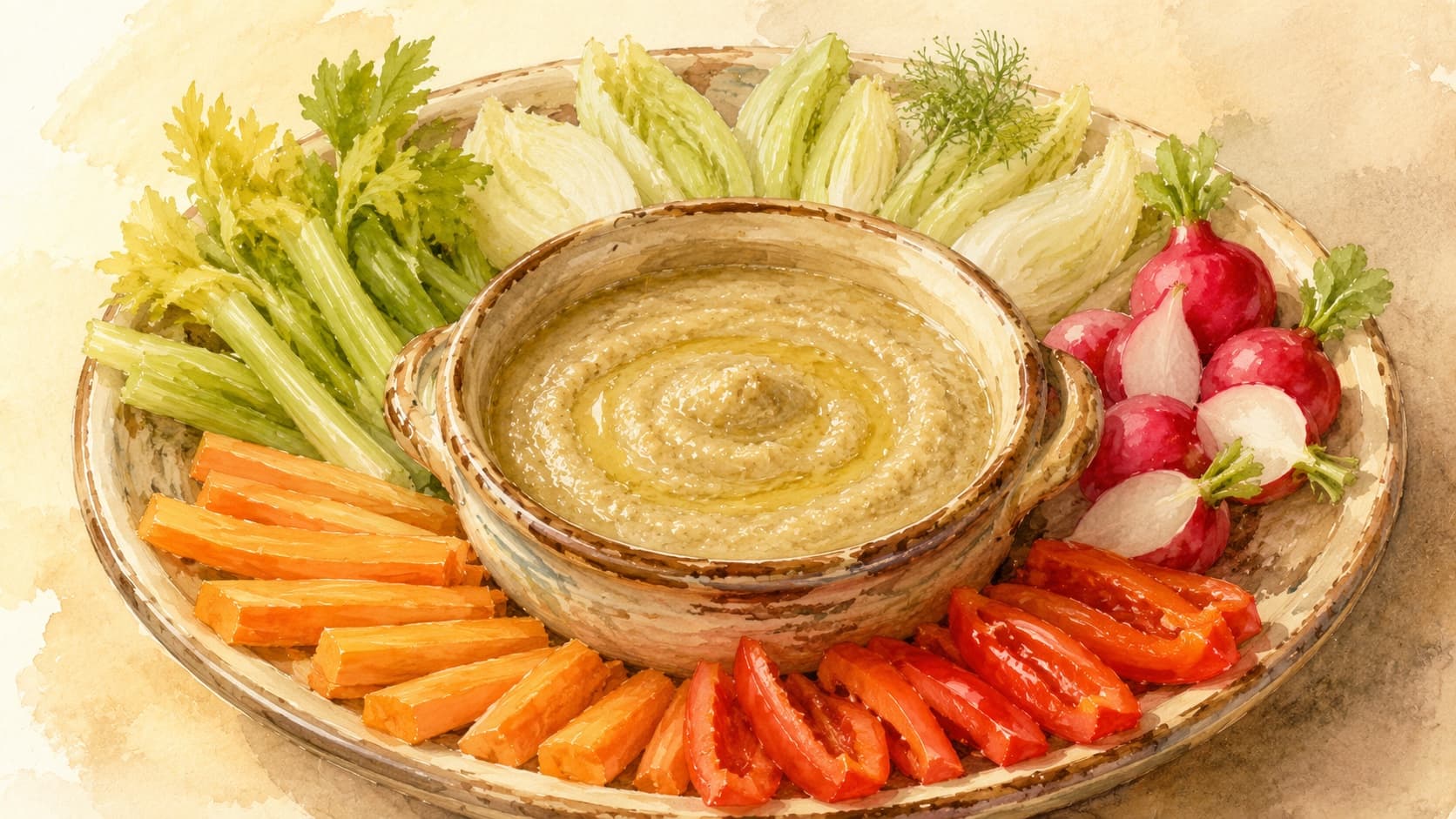 A bowl of creamy hummus garnished with olive oil and paprika.