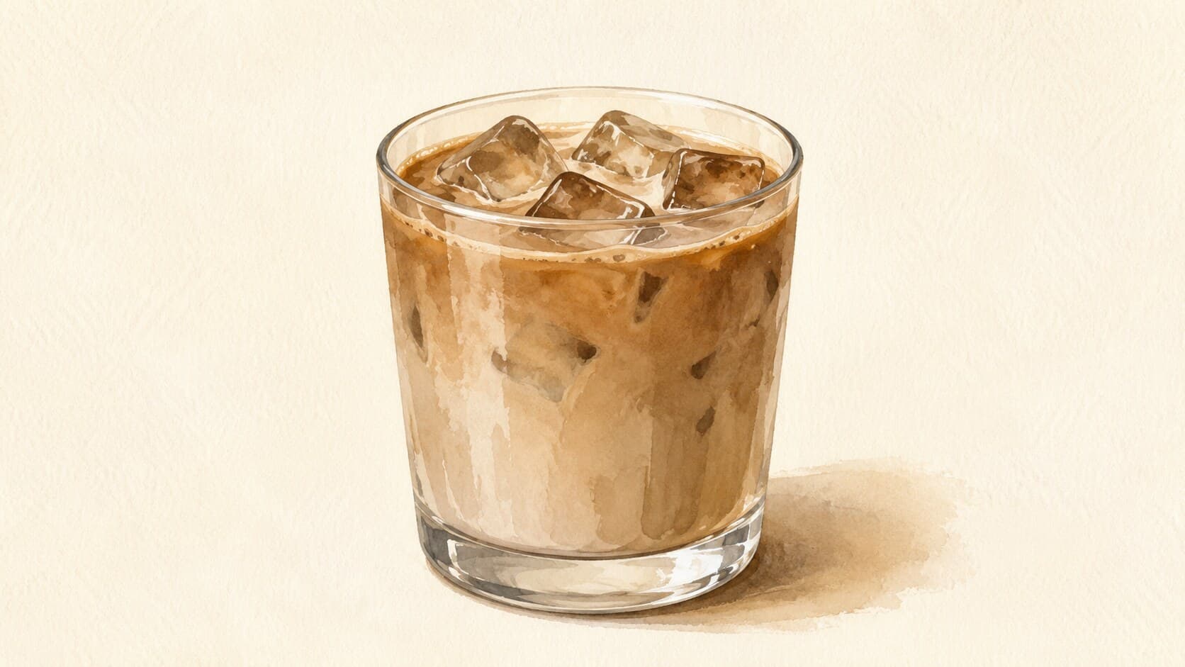 A beautifully layered iced café latte in a glass with coffee on top and milk below, surrounded by ice cubes.