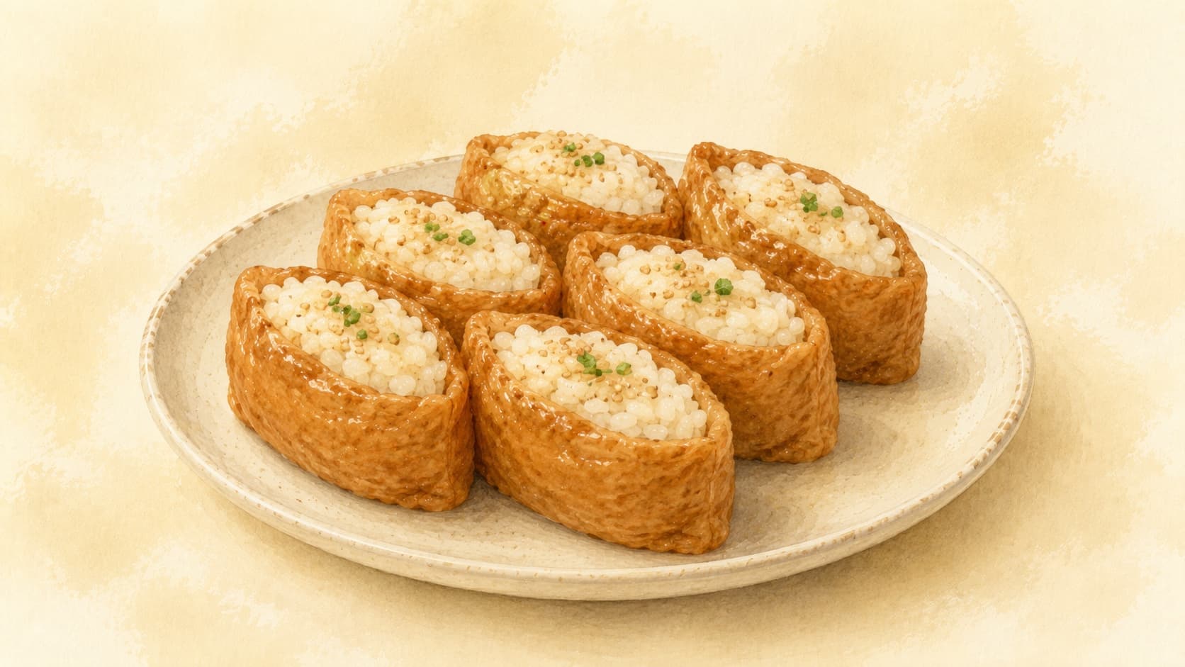 Golden-brown tofu pouches filled with glossy rice, garnished with sesame seeds.