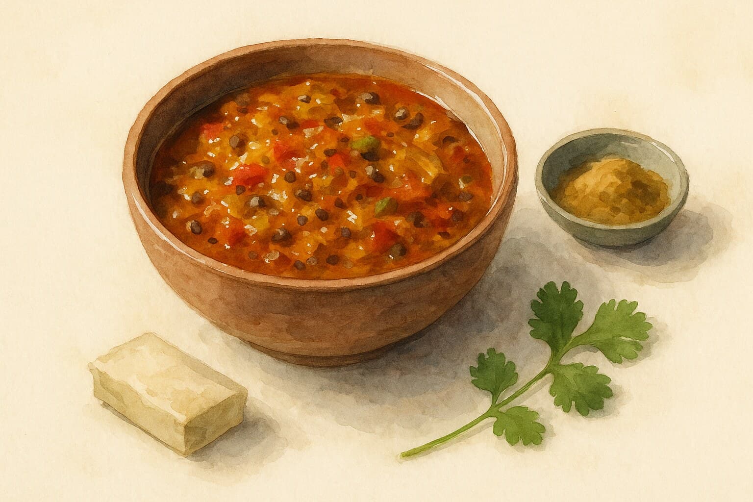 A vibrant watercolor illustration of a bowl filled with Indian Tadka Base ingredients.