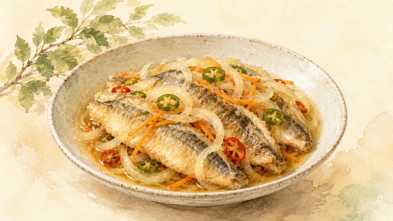 A beautifully arranged plate of Iwashi Nanban-zuke, showcasing fried sardines in a vibrant marinade.