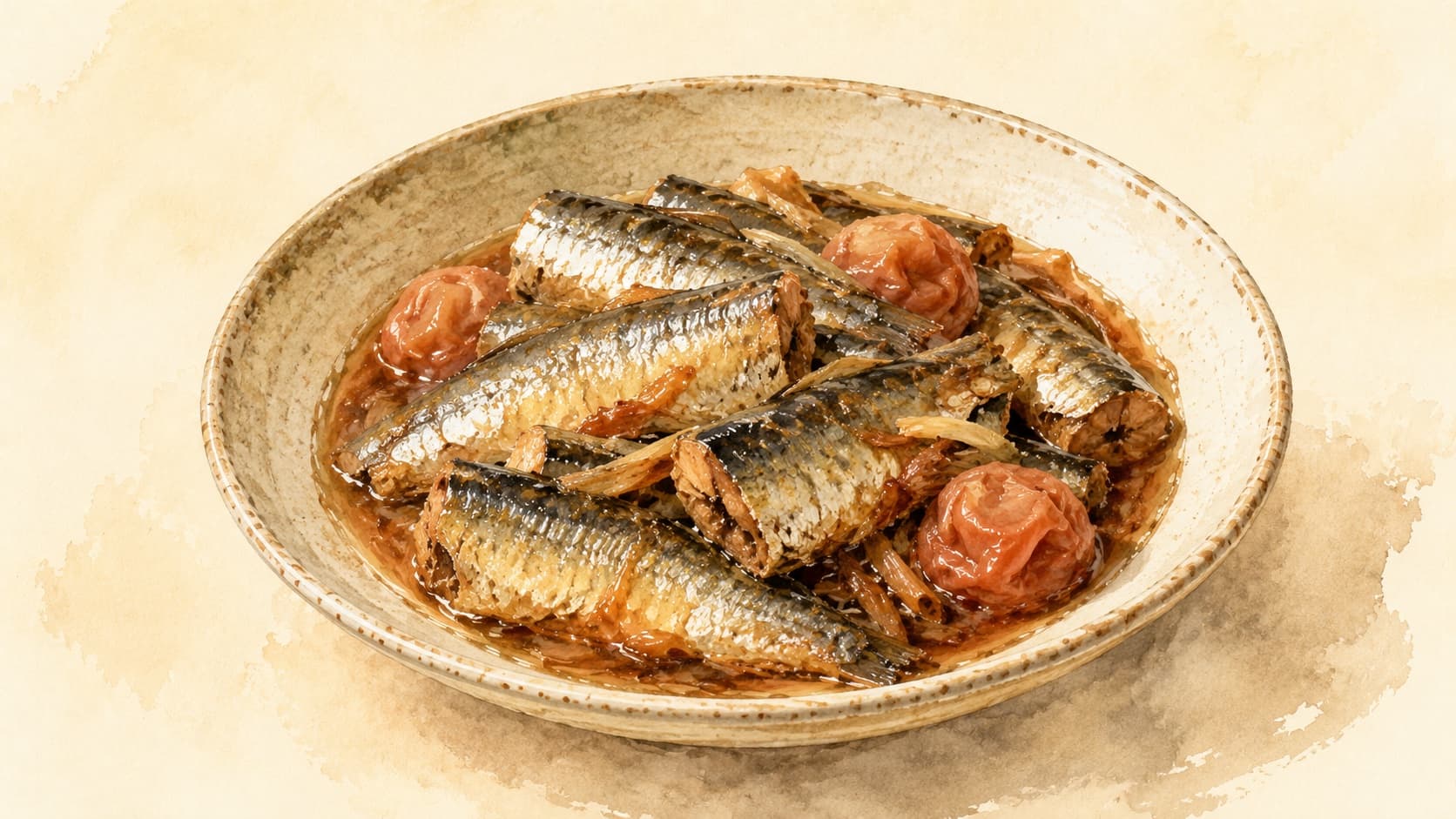 A beautifully arranged plate of Iwashi Ume-ni featuring simmered sardines and pickled plums.