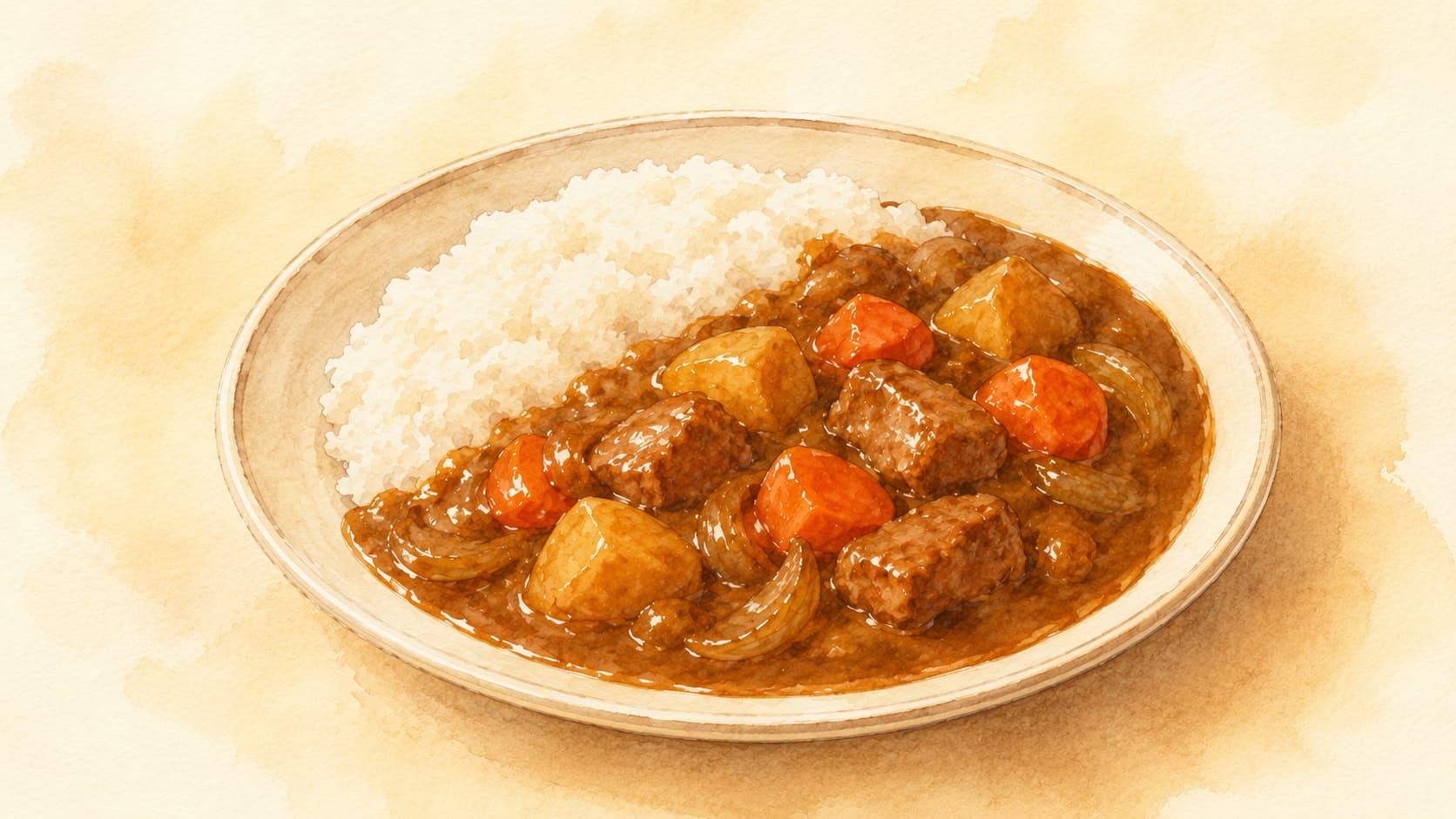 A bowl of Japanese Curry Rice garnished with fresh herbs and served with a side of pickles.