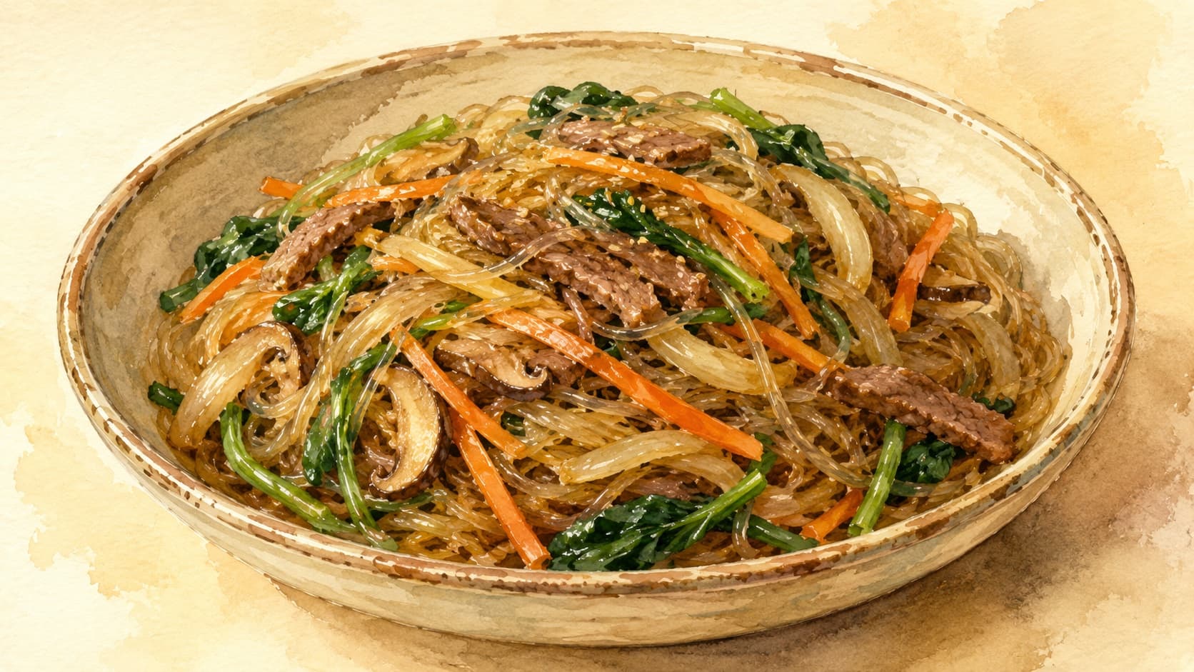 Colorful stir-fried glass noodles with vibrant vegetables.