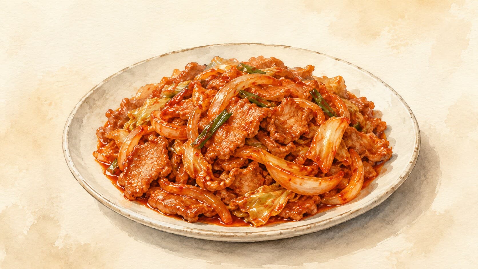 Deep-red glossy stir-fried pork with onion and scallion over white rice in a Korean-style bowl.