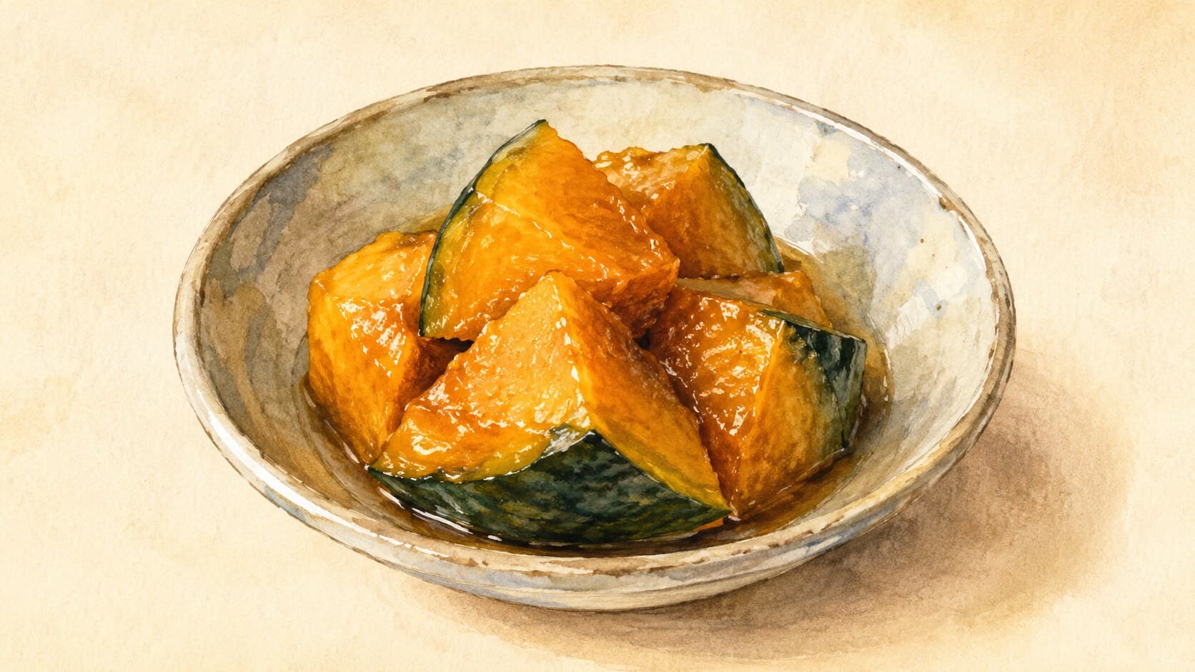 Glossy soy-dashi simmered kabocha chunks, skin down, presented in a bowl.