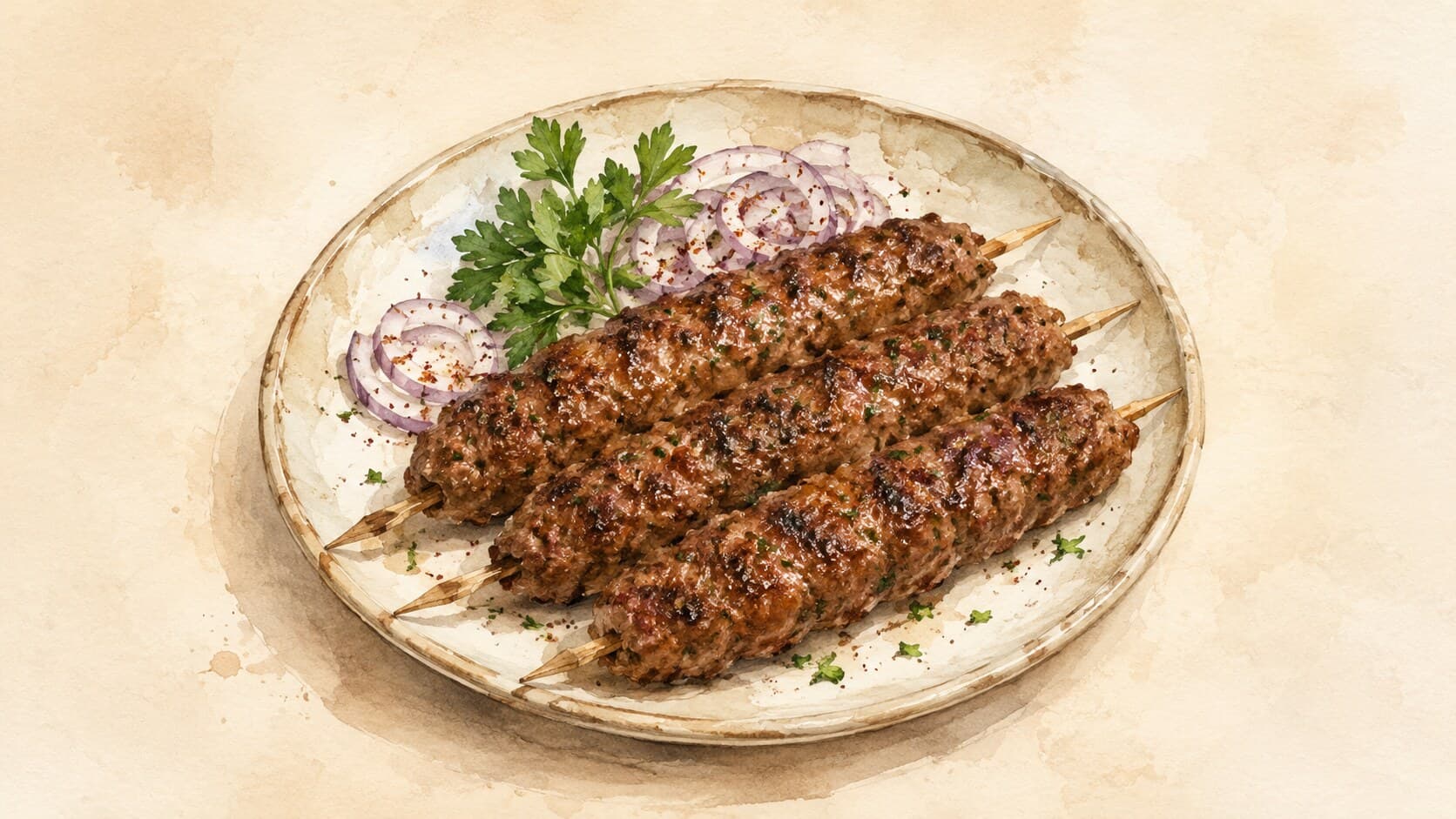 Two long flat skewers of charred ground-meat kebab beside grilled tomato and onion, sumac sprinkled on top, flatbread alongside.