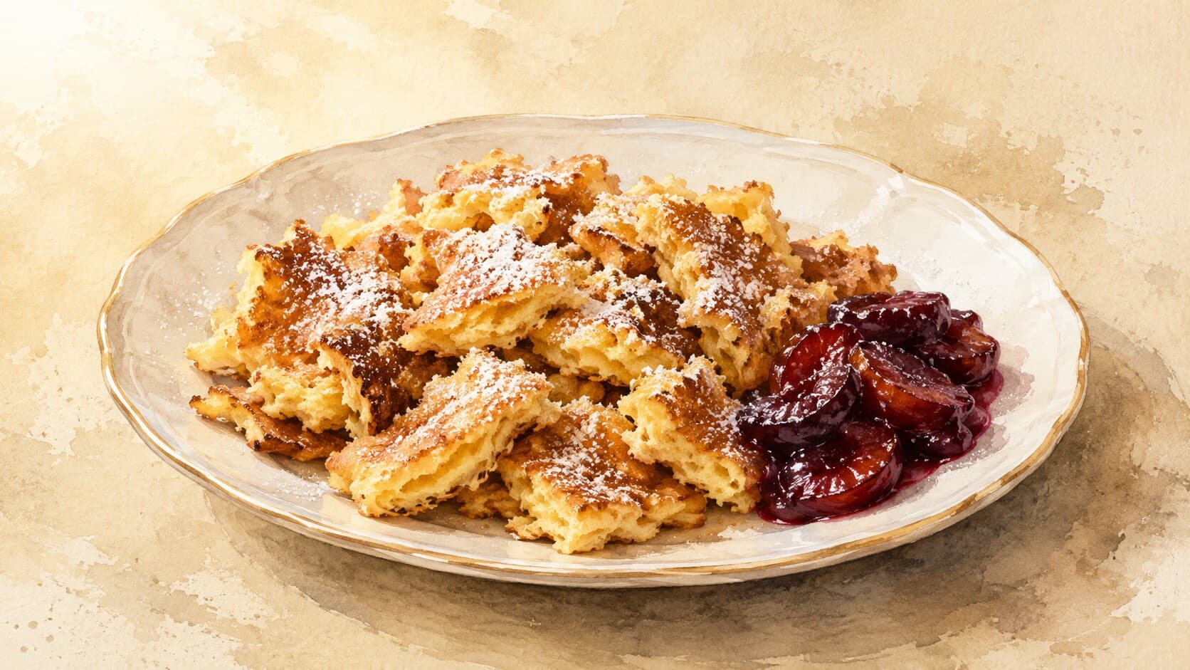 Torn pancake pieces dusted with powdered sugar, served with plum compote.