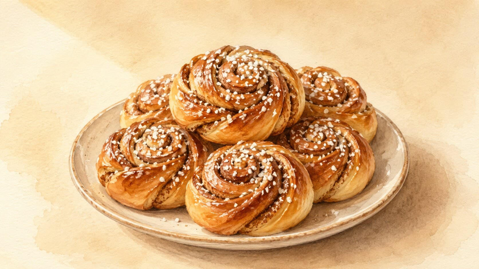 A close-up of beautifully knotted spiral cinnamon rolls topped with pearl sugar.
