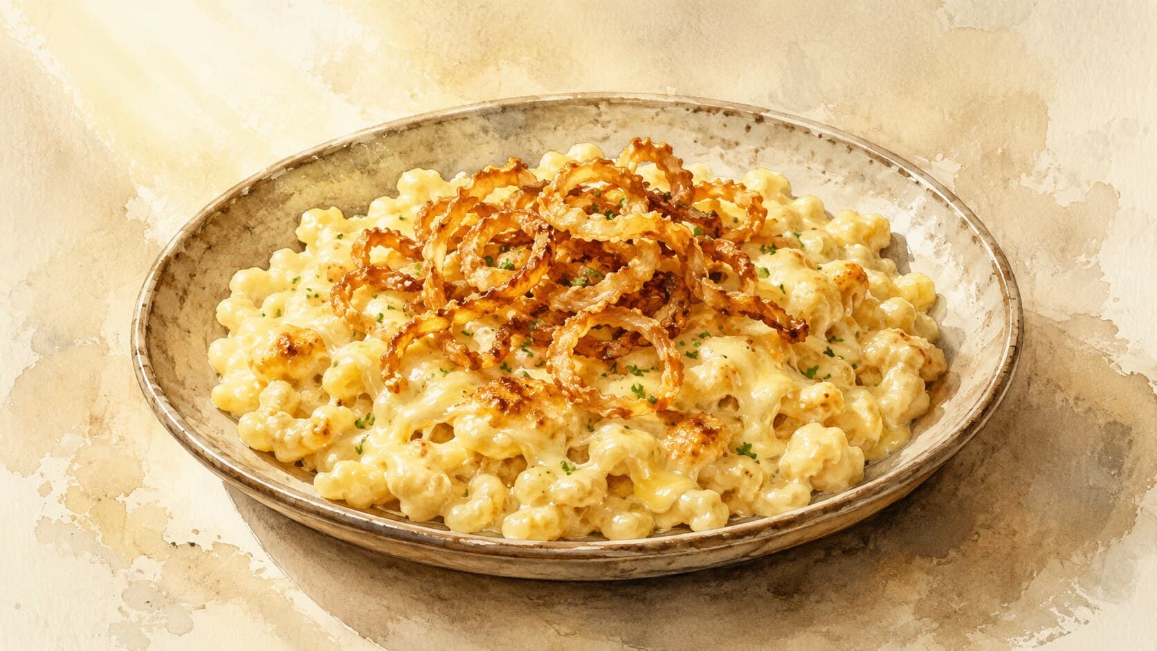 A plate of Käsespätzle topped with browned onions and cheese, showcasing the dish's creamy texture.