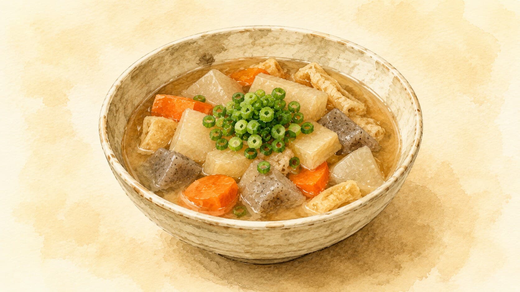 A hearty bowl of Kenchin-jiru featuring daikon, carrot, gobo, tofu, and konnyaku in a clear dashi broth.