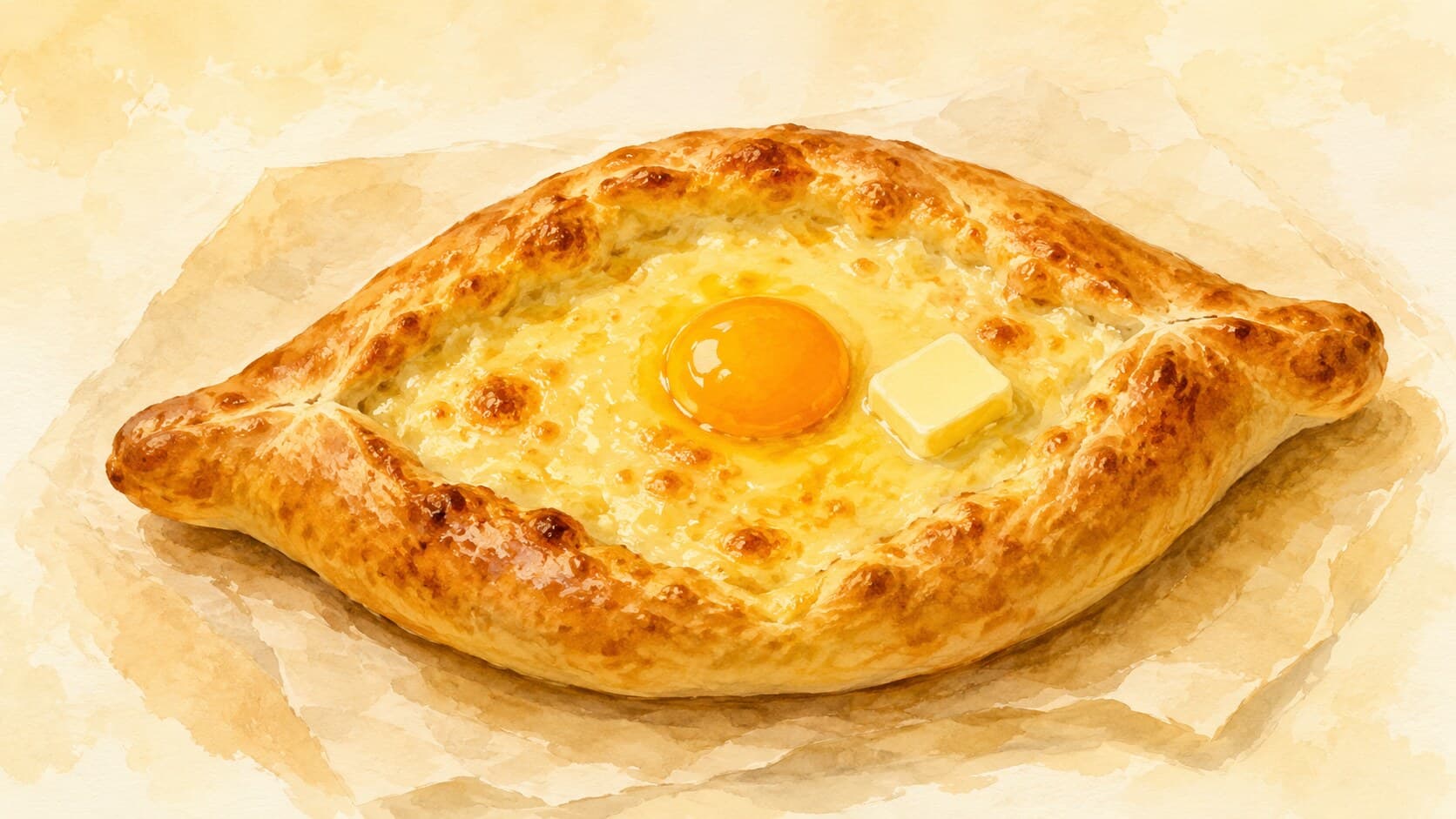 A boat-shaped bread filled with melted cheese, topped with an egg yolk and a pat of butter.